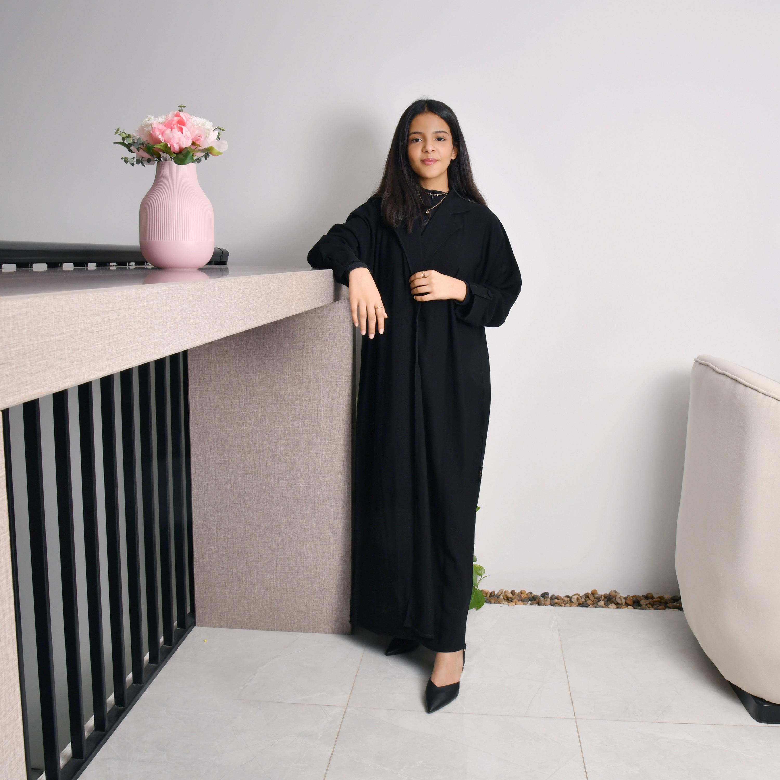 Hawraa Black Lapel Collar Cuff Folded Sleeves Crepe Girls Wrap Abaya with Hijab-girls-arabicclothing-abayas-image-1