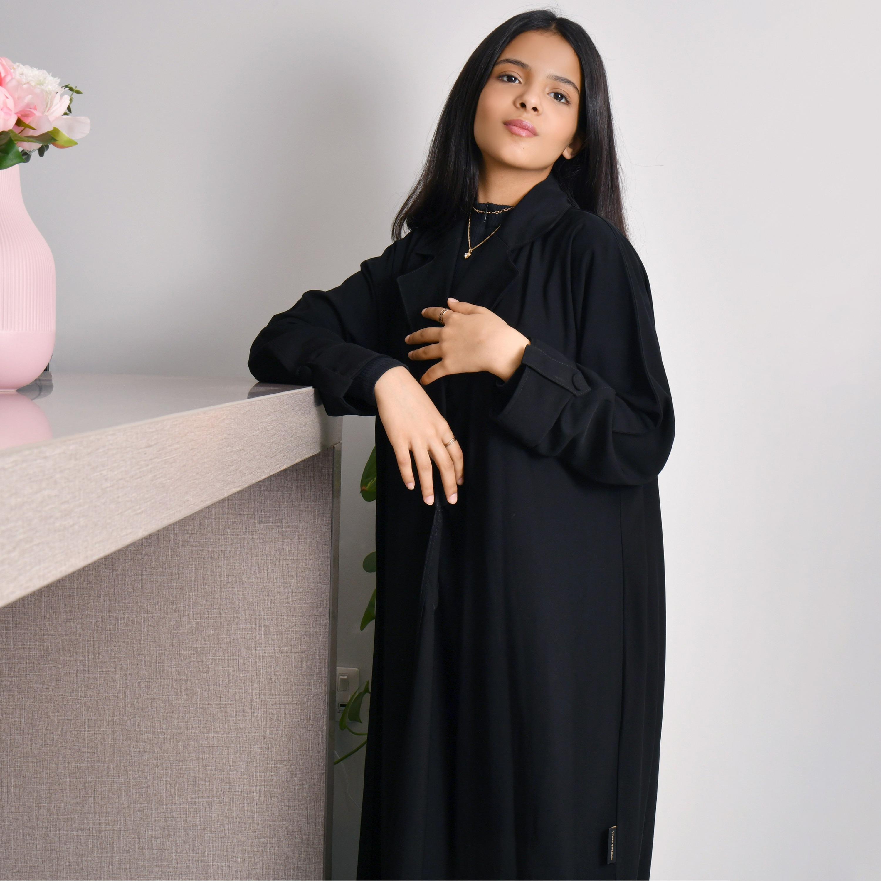 Hawraa Black Lapel Collar Cuff Folded Sleeves Crepe Girls Wrap Abaya with Hijab-girls-arabicclothing-abayas-image-2