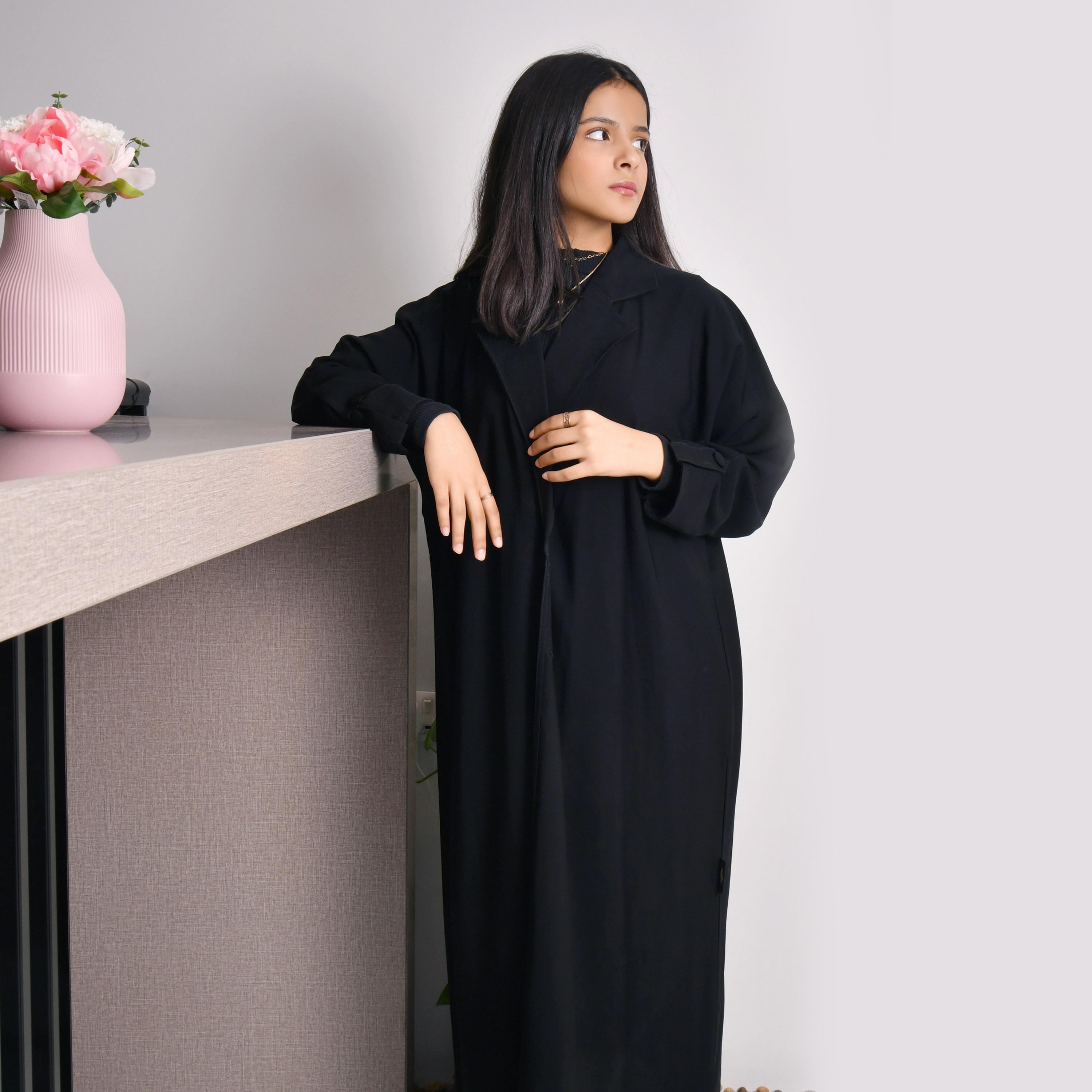 Hawraa Black Lapel Collar Cuff Folded Sleeves Crepe Girls Wrap Abaya with Hijab-girls-arabicclothing-abayas-image-4