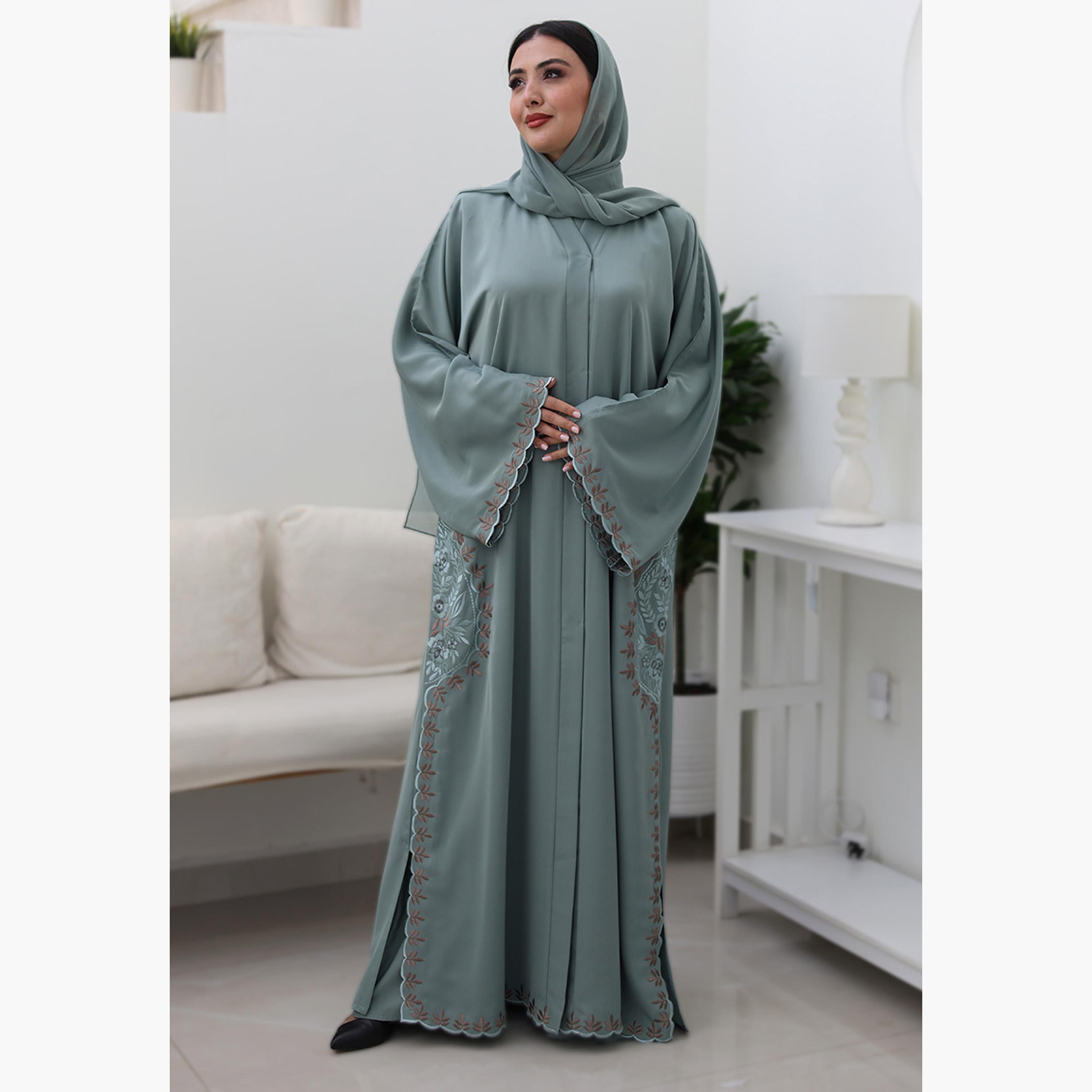 Nukhbaa Green Floral Embroidered Flared Sleeves Nida Women's Evening Abaya with Hijab-women-arabicclothing-abayas-image-1