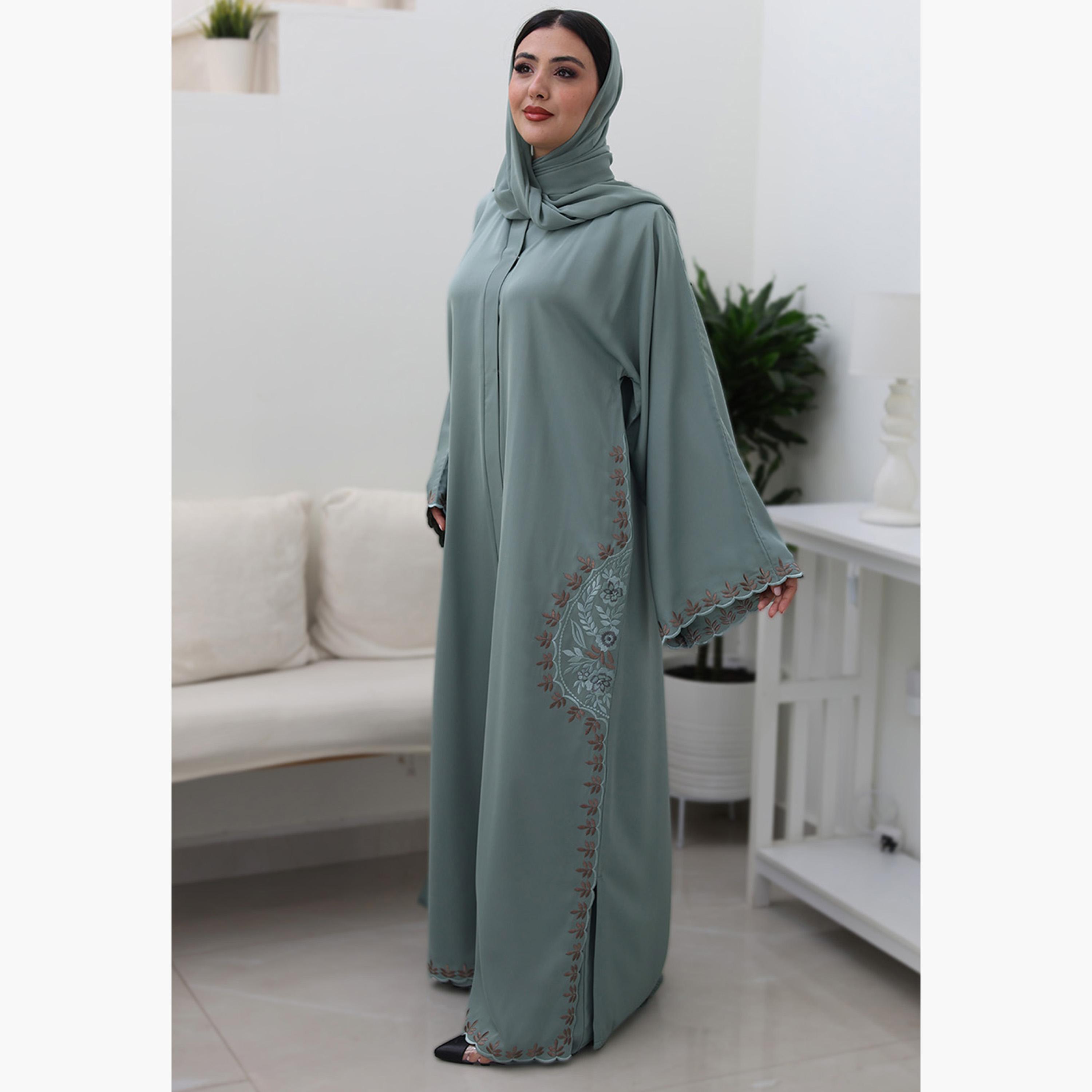 Nukhbaa Green Floral Embroidered Flared Sleeves Nida Women's Evening Abaya with Hijab-women-arabicclothing-abayas-image-2