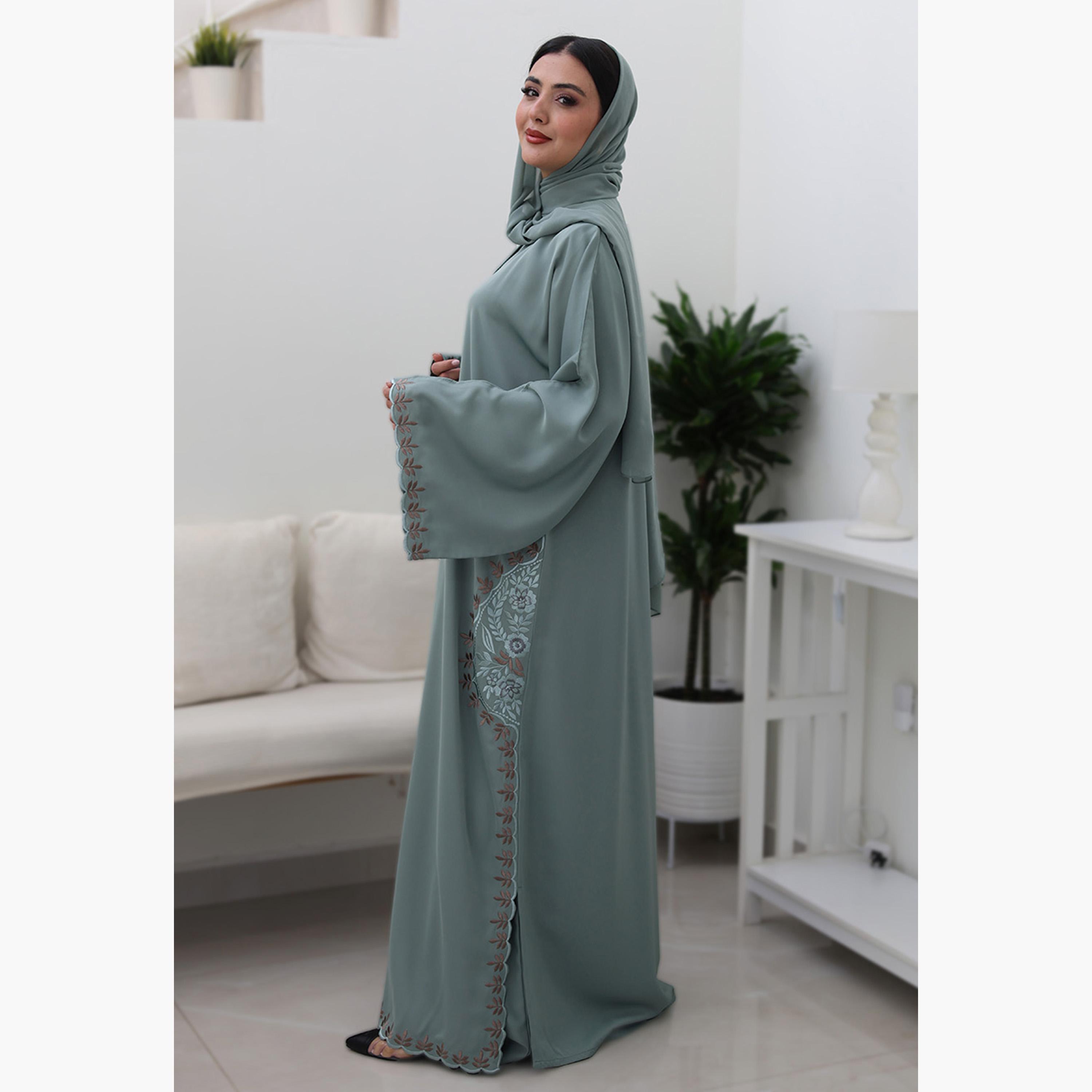 Nukhbaa Green Floral Embroidered Flared Sleeves Nida Women's Evening Abaya with Hijab-women-arabicclothing-abayas-image-4