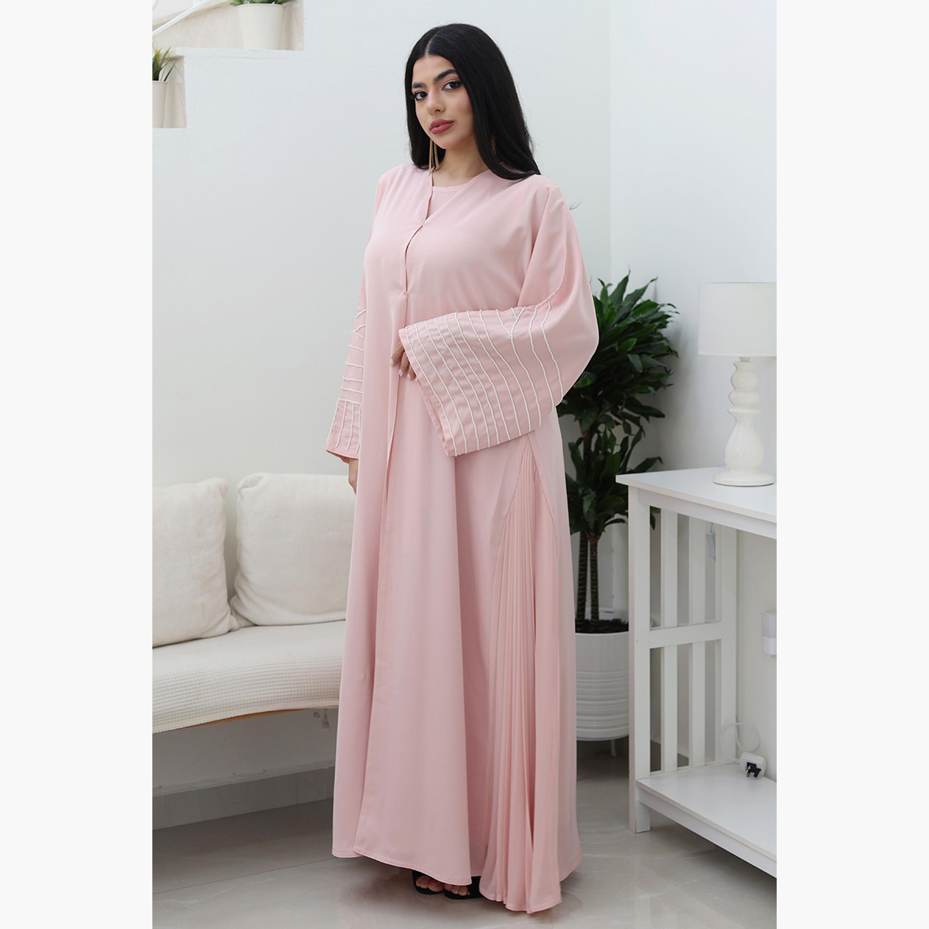 Nukhbaa Pink Beaded & Pleated Flared Sleeves Nida Women's Evening Flowy Abaya-women-arabicclothing-abayas-image-1