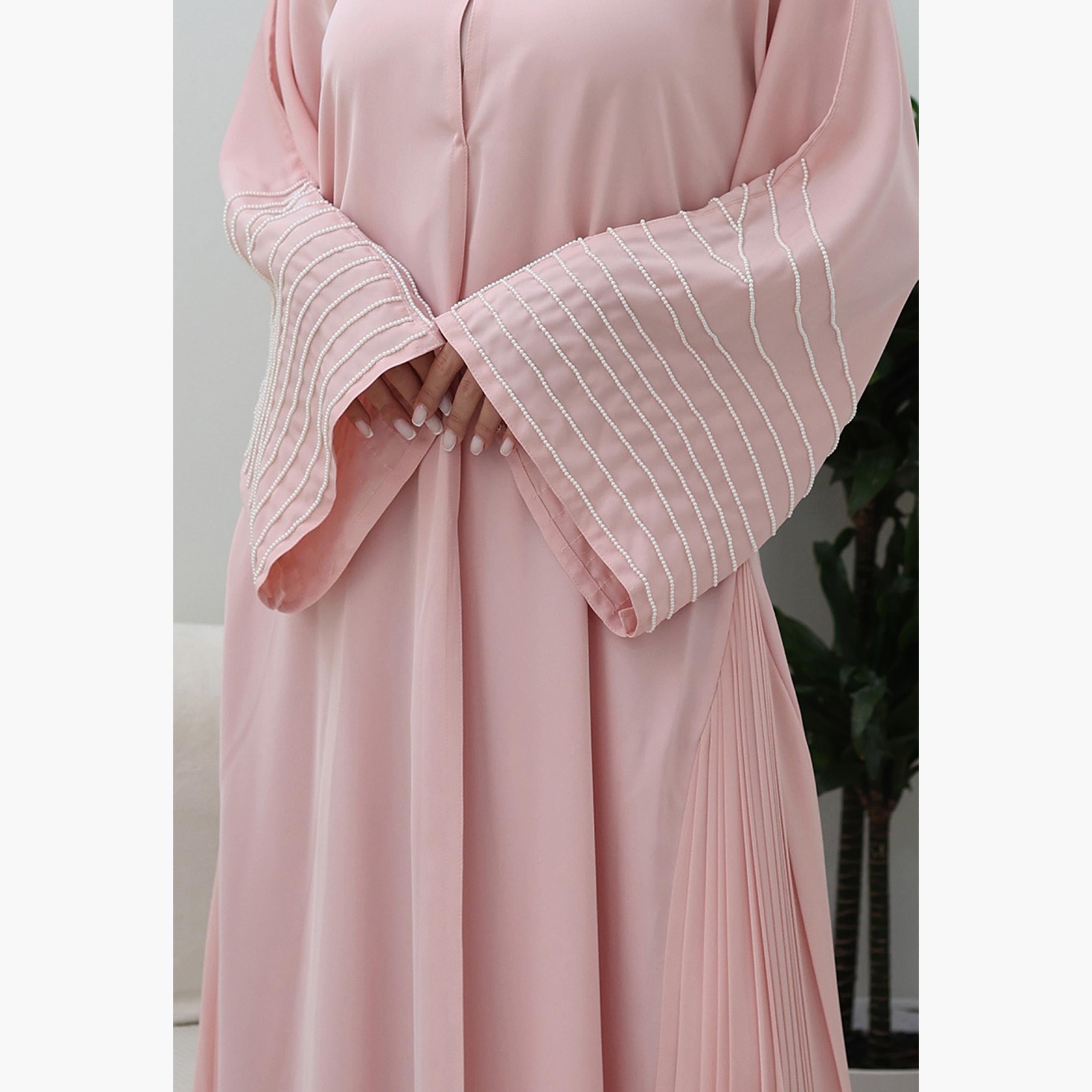 Nukhbaa Pink Beaded & Pleated Flared Sleeves Nida Women's Evening Flowy Abaya-women-arabicclothing-abayas-image-2