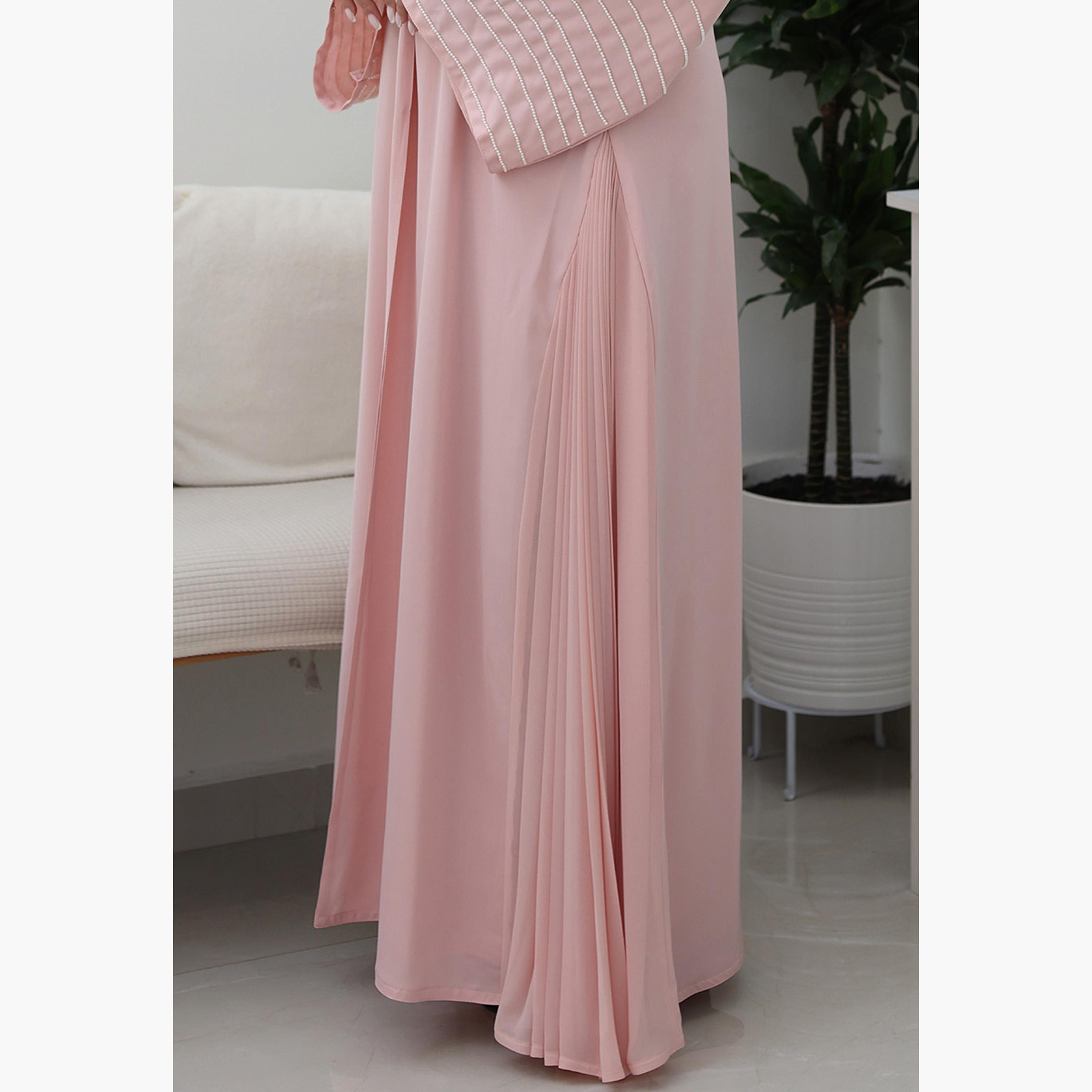 Nukhbaa Pink Beaded & Pleated Flared Sleeves Nida Women's Evening Flowy Abaya-women-arabicclothing-abayas-image-3