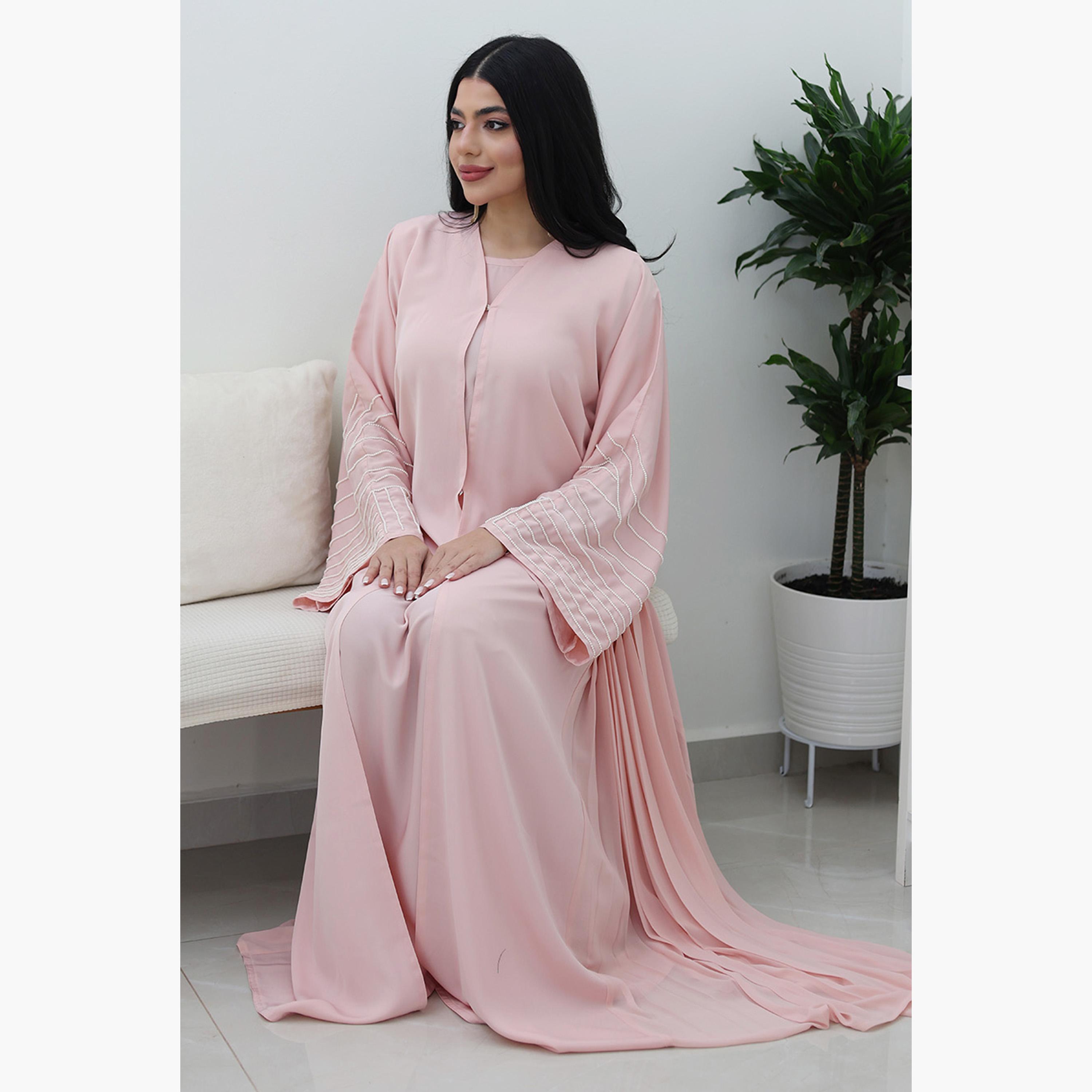 Nukhbaa Pink Beaded & Pleated Flared Sleeves Nida Women's Evening Flowy Abaya-women-arabicclothing-abayas-image-4