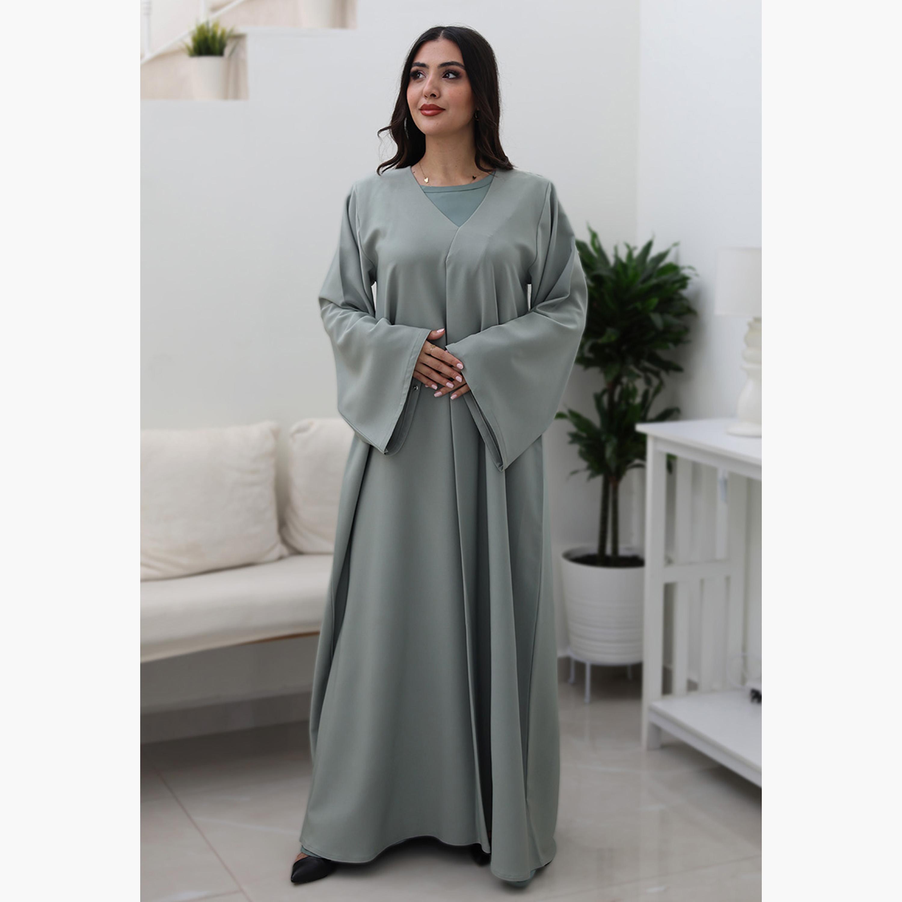 Nukhbaa Green Flared Sleeves Women's Abaya-women-arabicclothing-abayas-image-1