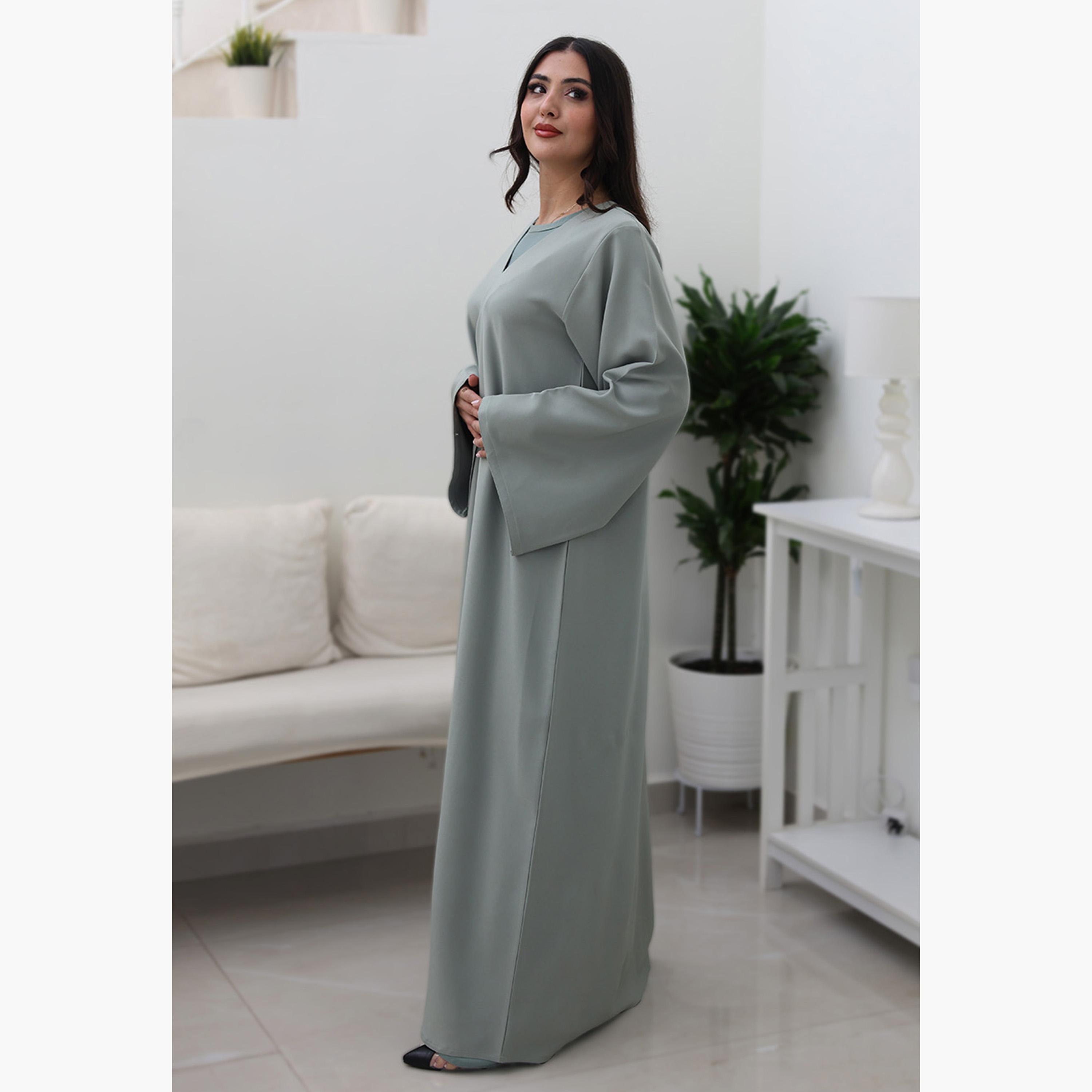 Nukhbaa Green Flared Sleeves Women's Abaya-women-arabicclothing-abayas-image-3