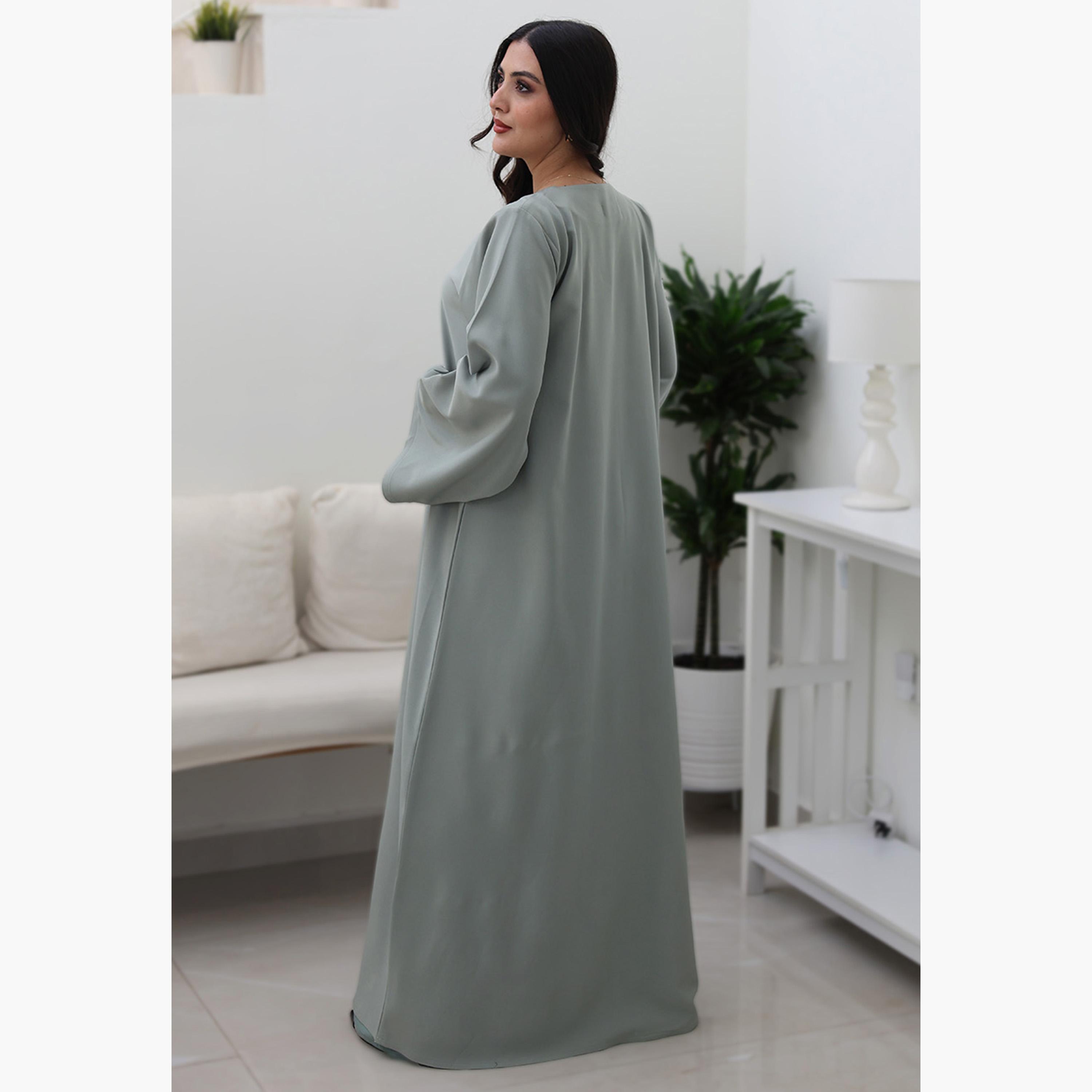 Nukhbaa Green Flared Sleeves Women's Abaya-women-arabicclothing-abayas-image-4