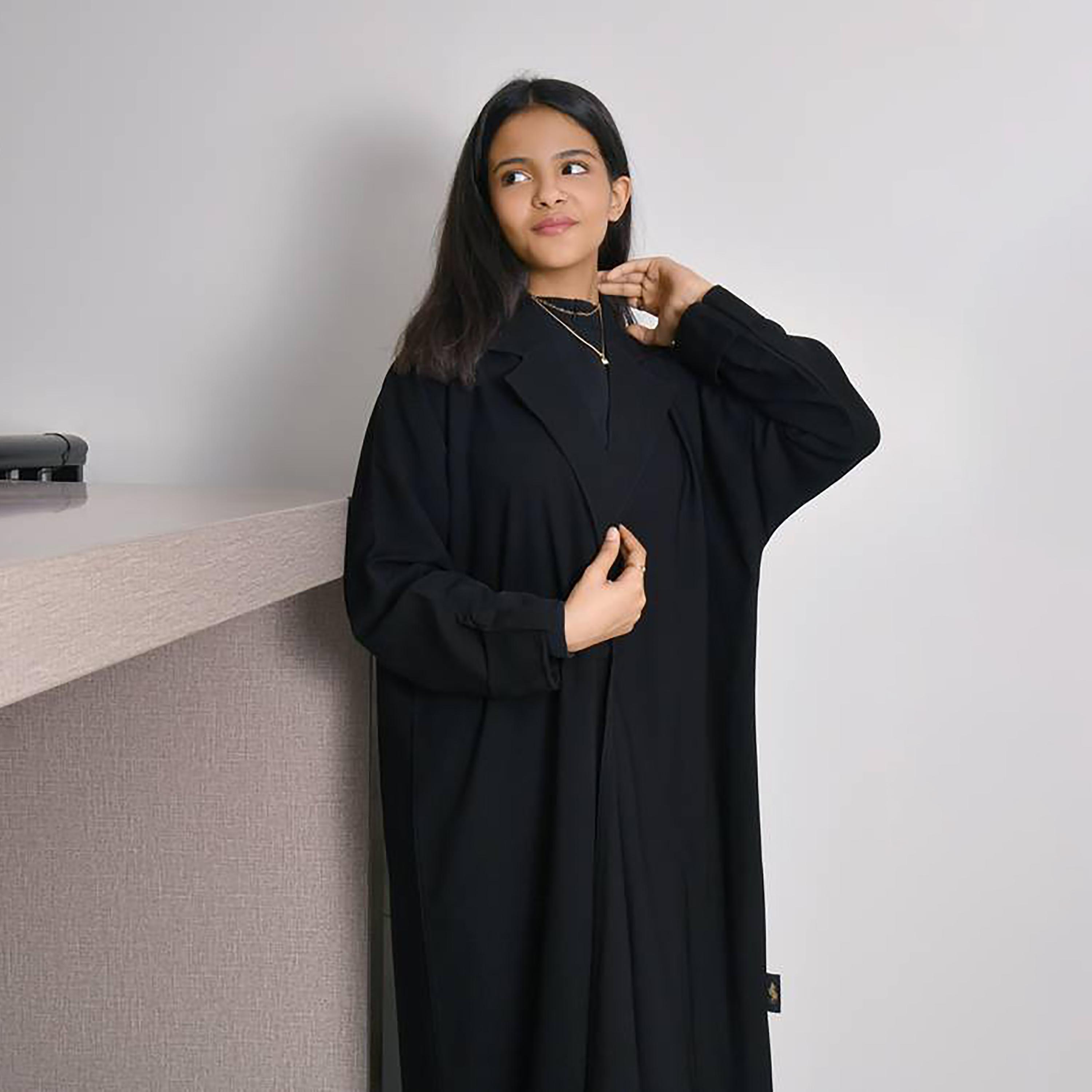Hawraa Crepe Notched Lapel Wrap Abaya with Hijab-girls-arabicclothing-abayas-image-2