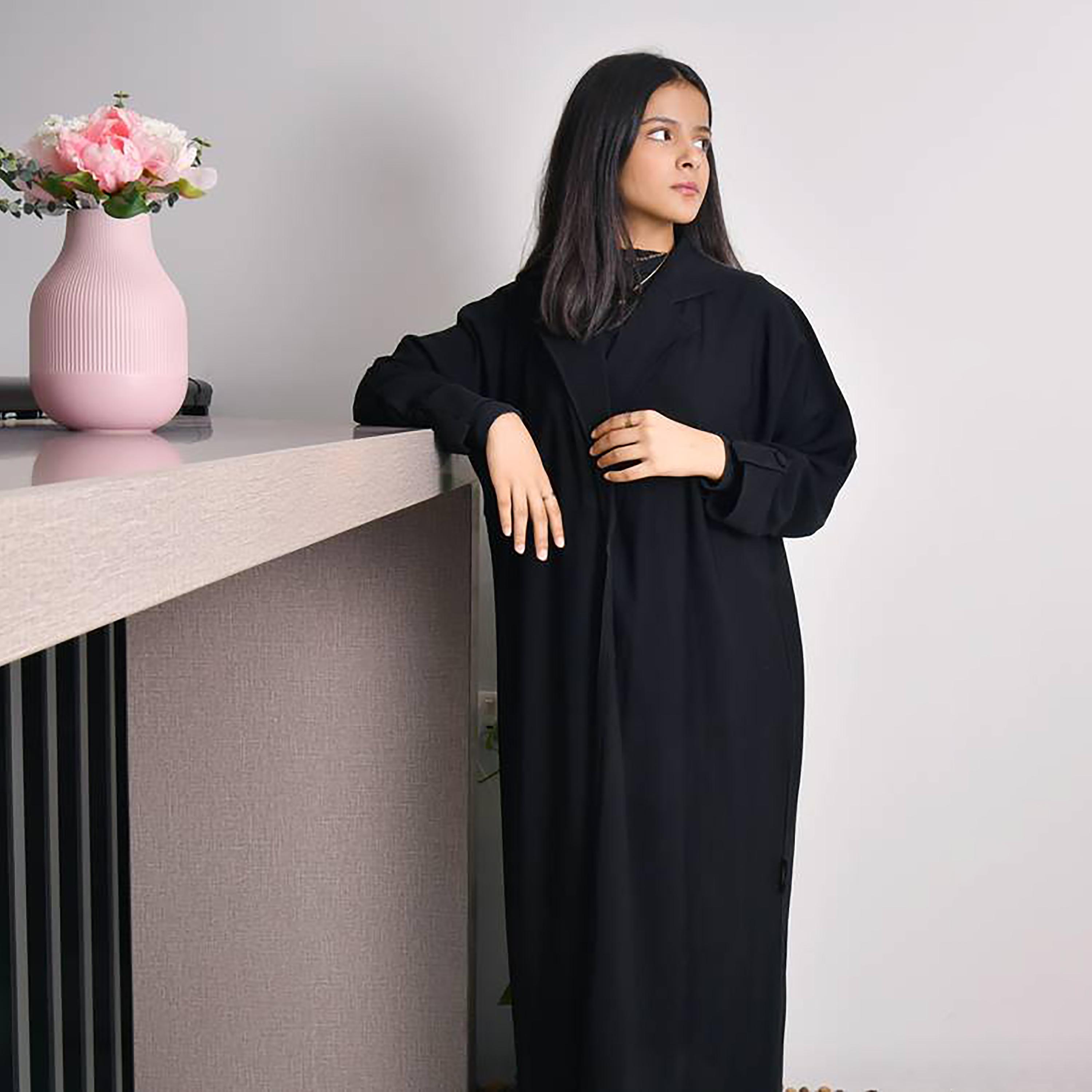 Hawraa Crepe Notched Lapel Wrap Abaya with Hijab-girls-arabicclothing-abayas-image-4