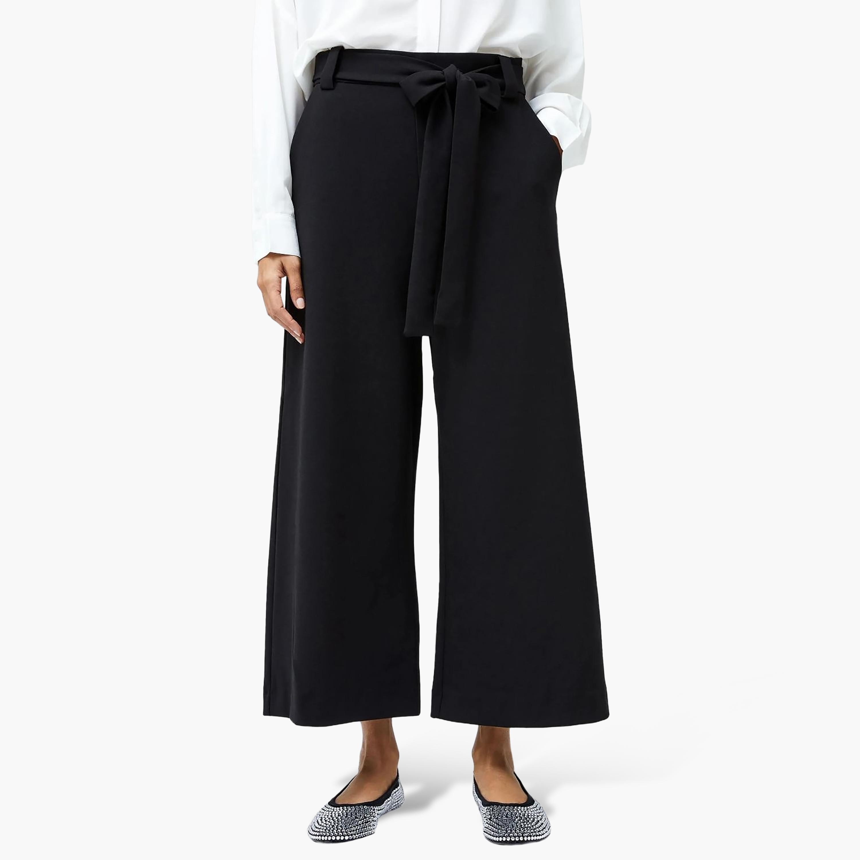 French Connection Black Tie Wide Leg Cropped Women's Trousers-women-clothing-trousers-image-1
