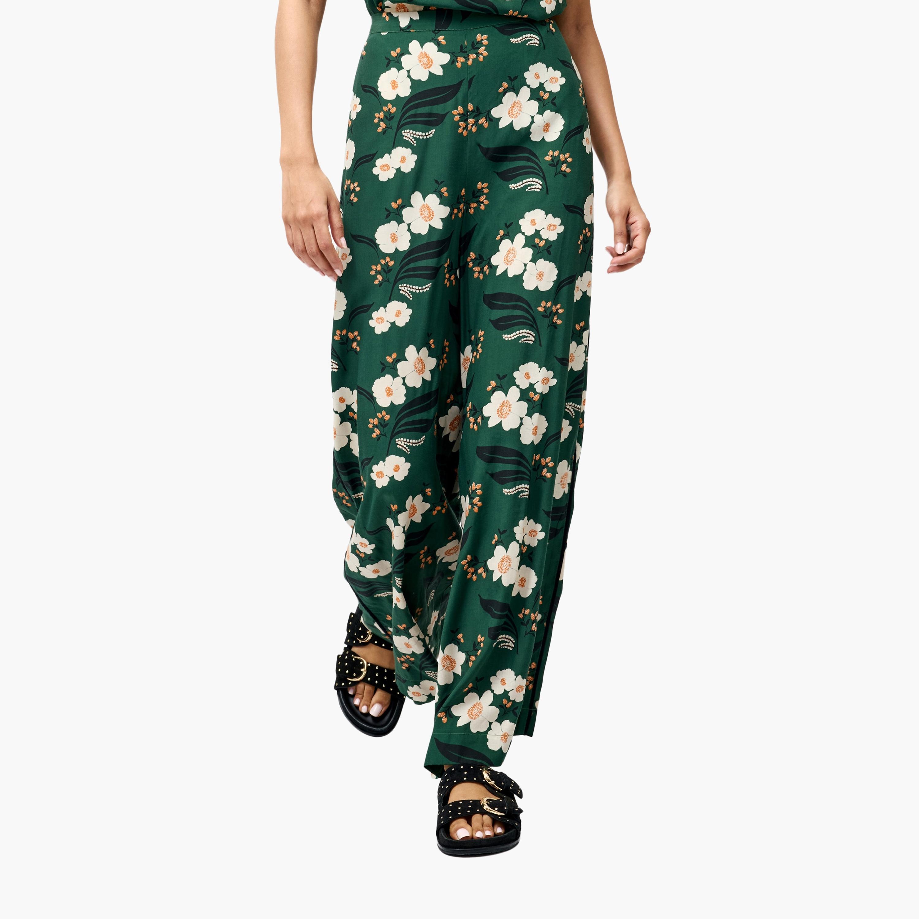 بنطلون نسائي من الفسكوز بنقشة زهور خضراء من فرينش كونيكشن-women-clothing-bottoms-trousers-image-1