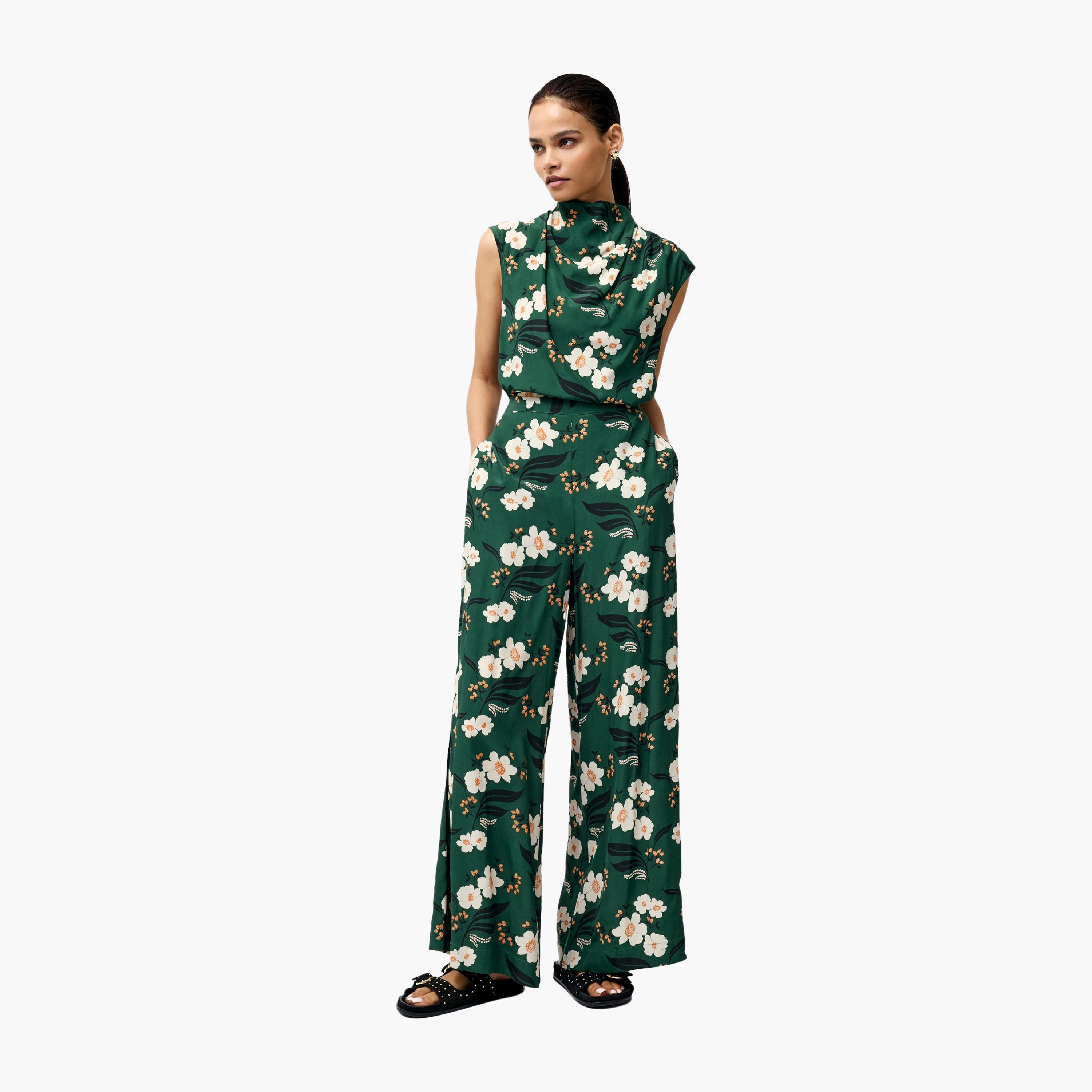 بنطلون نسائي من الفسكوز بنقشة زهور خضراء من فرينش كونيكشن-women-clothing-bottoms-trousers-image-2