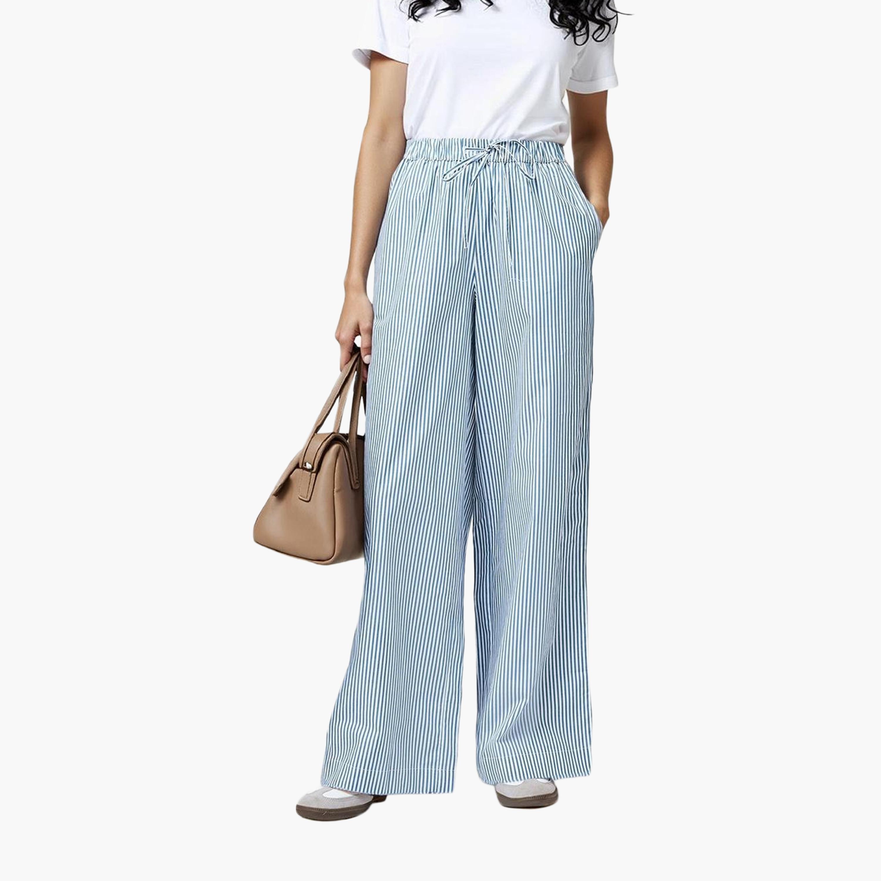 بنطلون نسائي من القطن أزرق المخطط من فرينش كونيكشن-women-clothing-bottoms-trousers-image-1