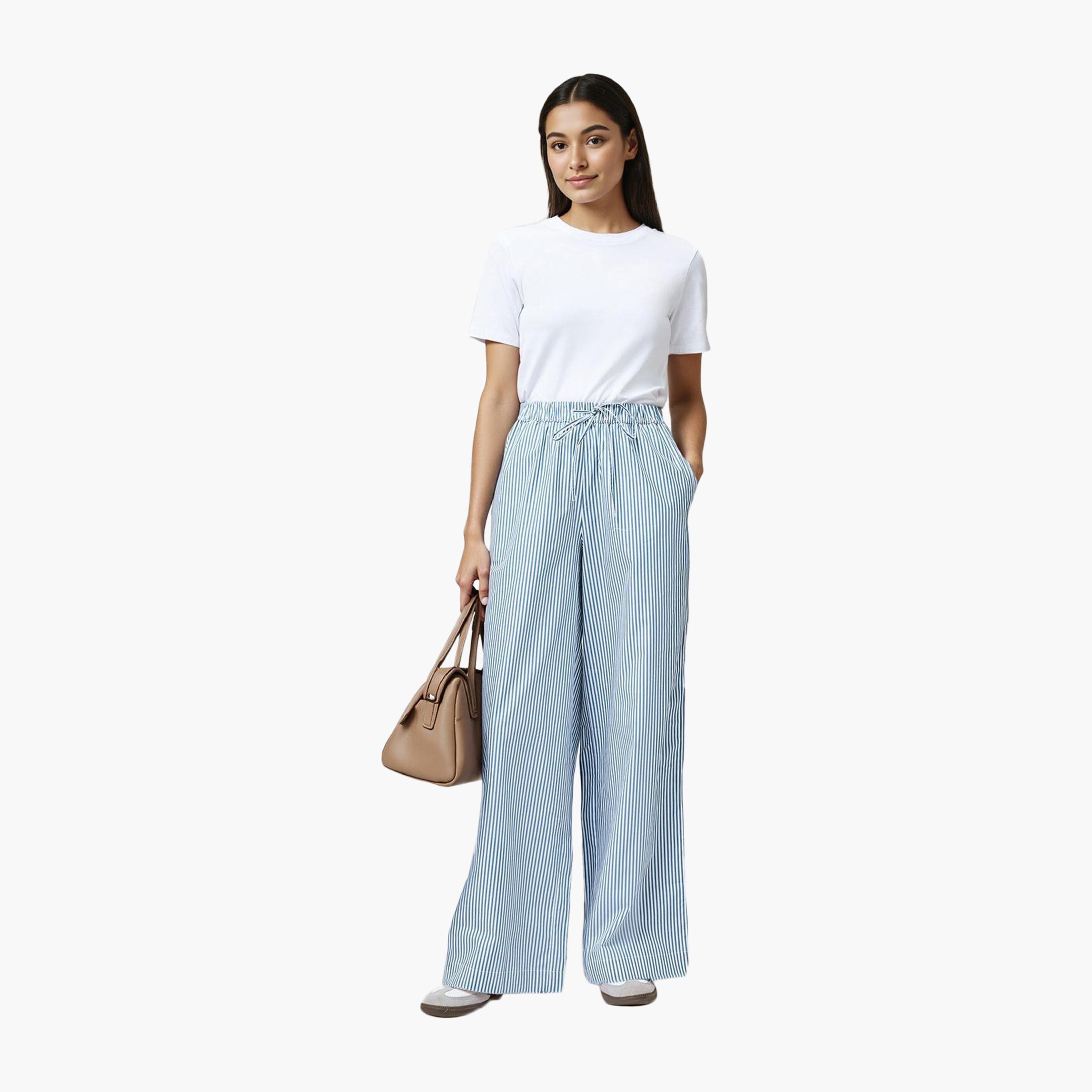 بنطلون نسائي من القطن أزرق المخطط من فرينش كونيكشن-women-clothing-bottoms-trousers-image-2