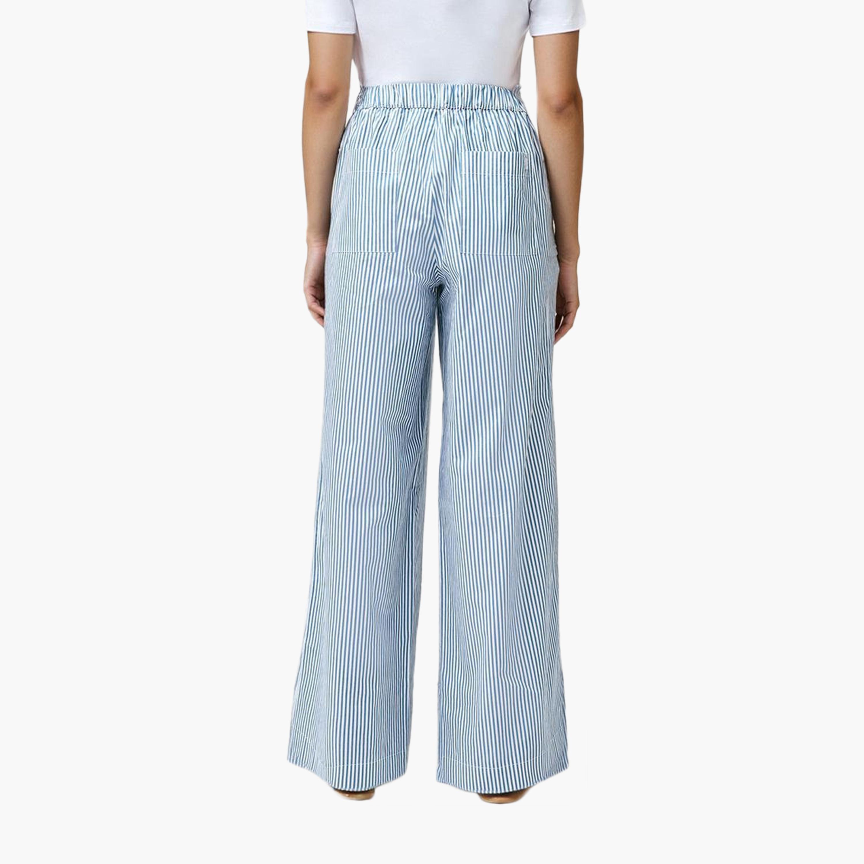 بنطلون نسائي من القطن أزرق المخطط من فرينش كونيكشن-women-clothing-bottoms-trousers-image-3