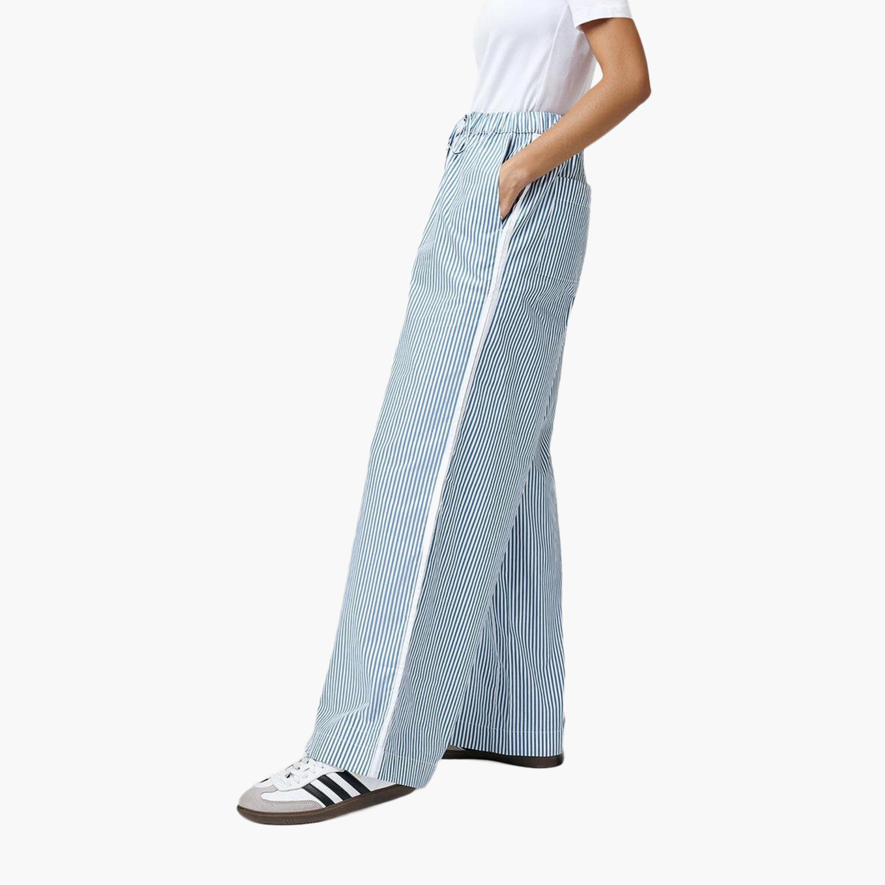 بنطلون نسائي من القطن أزرق المخطط من فرينش كونيكشن-women-clothing-bottoms-trousers-image-4