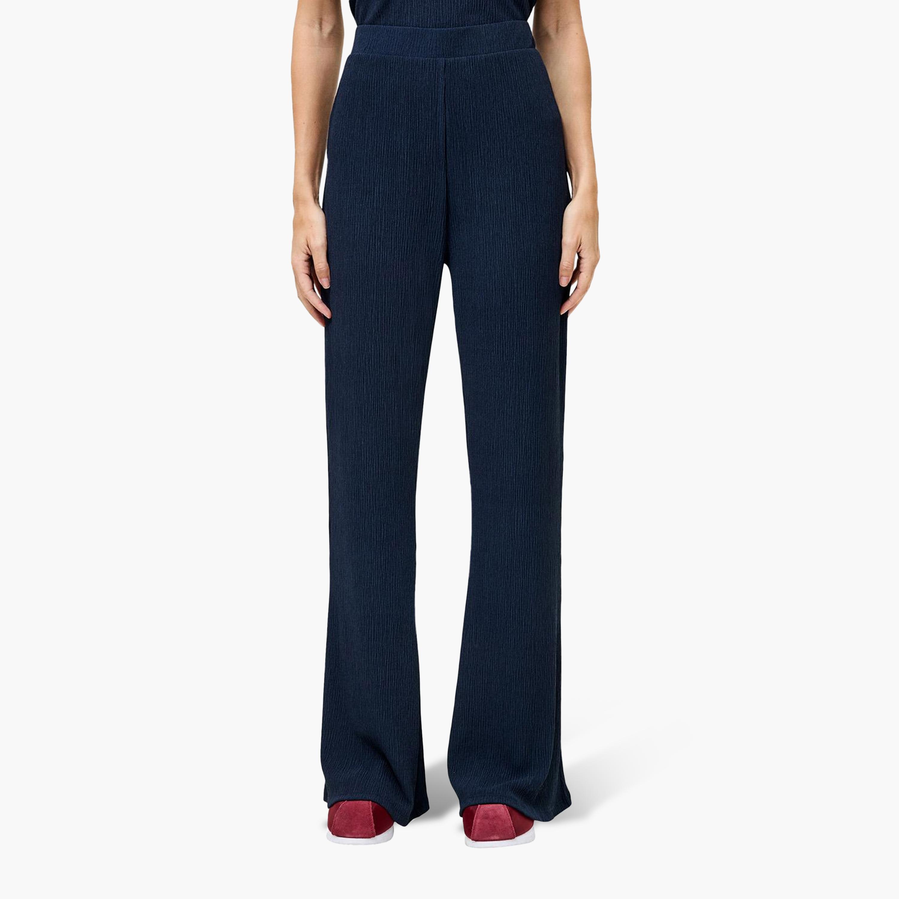 French Connection Blue Crinkled Elasticated Waist Flared Women's Trousers-women-clothing-trousers-image-1