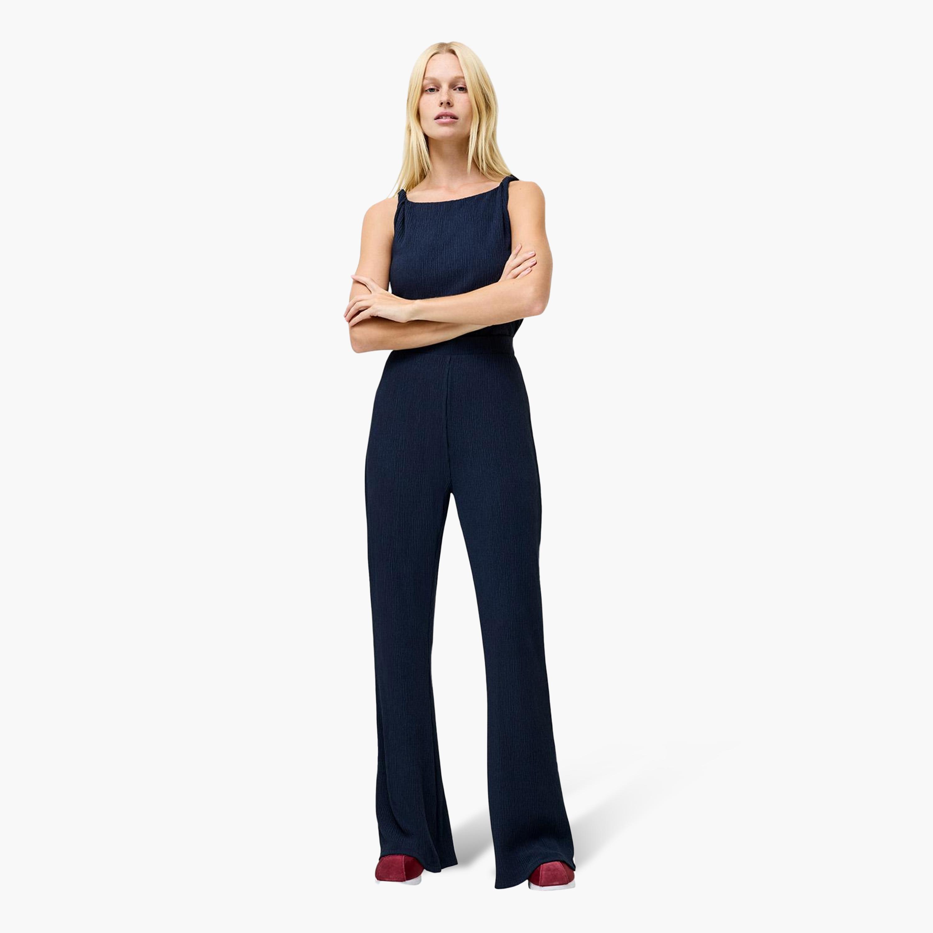 French Connection Blue Crinkled Elasticated Waist Flared Women's Trousers-women-clothing-trousers-image-2
