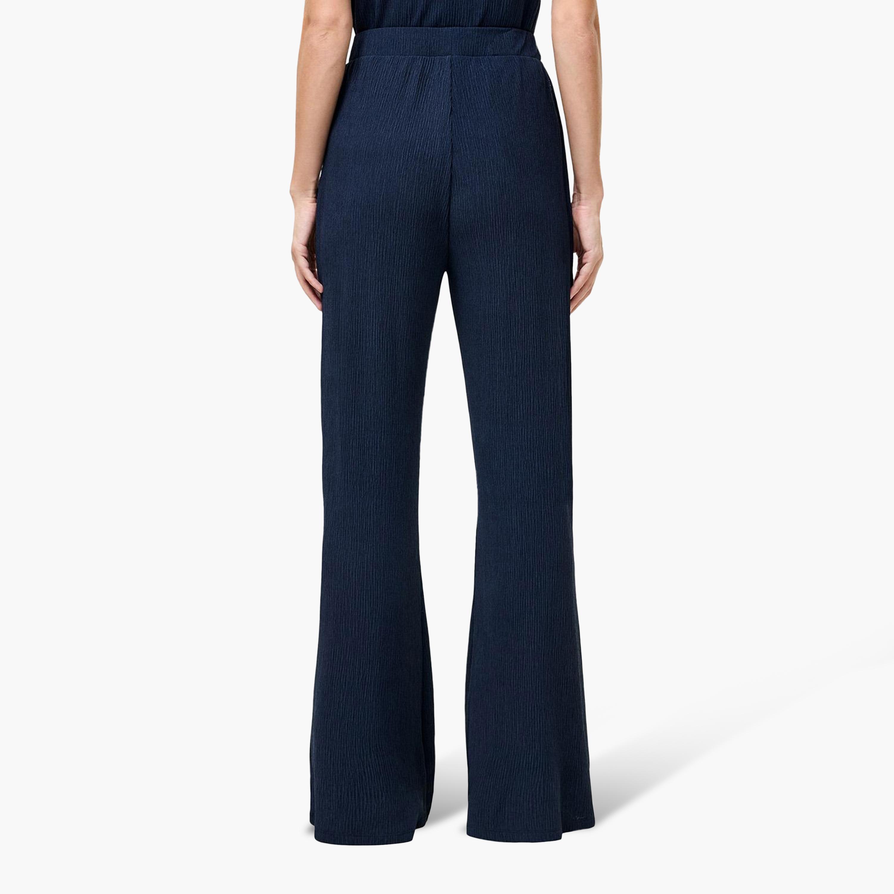 French Connection Blue Crinkled Elasticated Waist Flared Women's Trousers-women-clothing-trousers-image-3