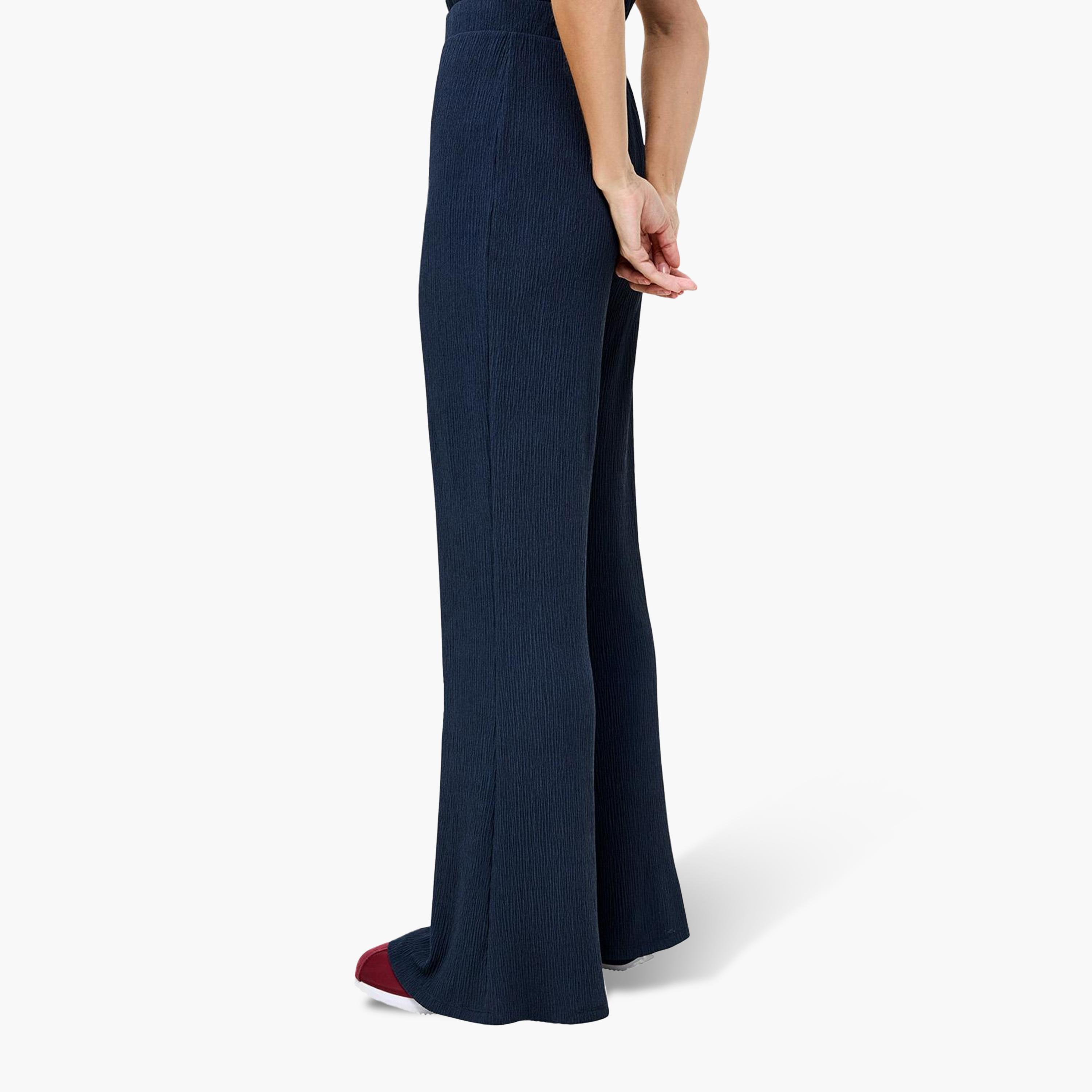 French Connection Blue Crinkled Elasticated Waist Flared Women's Trousers-women-clothing-trousers-image-4