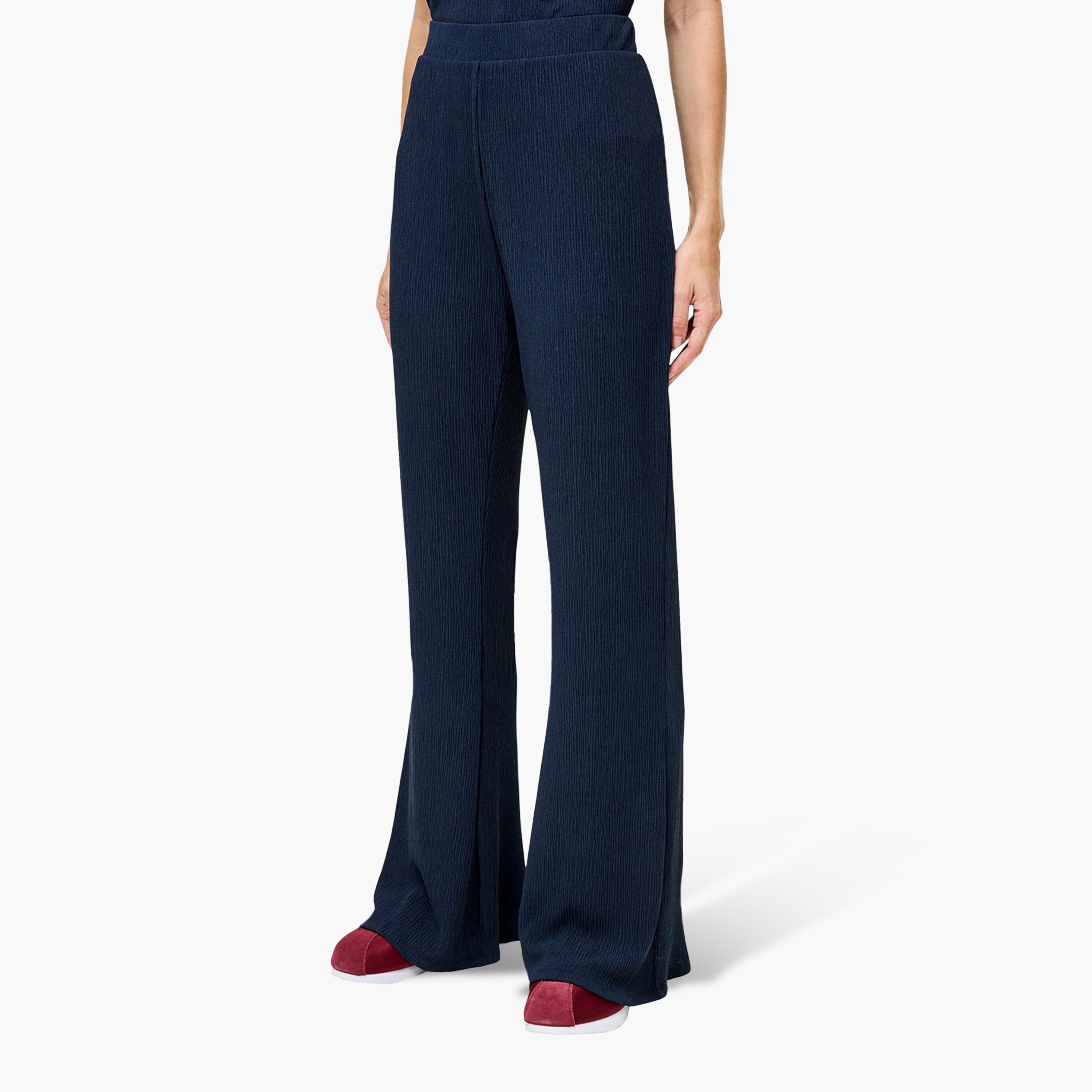 French Connection Blue Crinkled Elasticated Waist Flared Women's Trousers-women-clothing-trousers-image-5