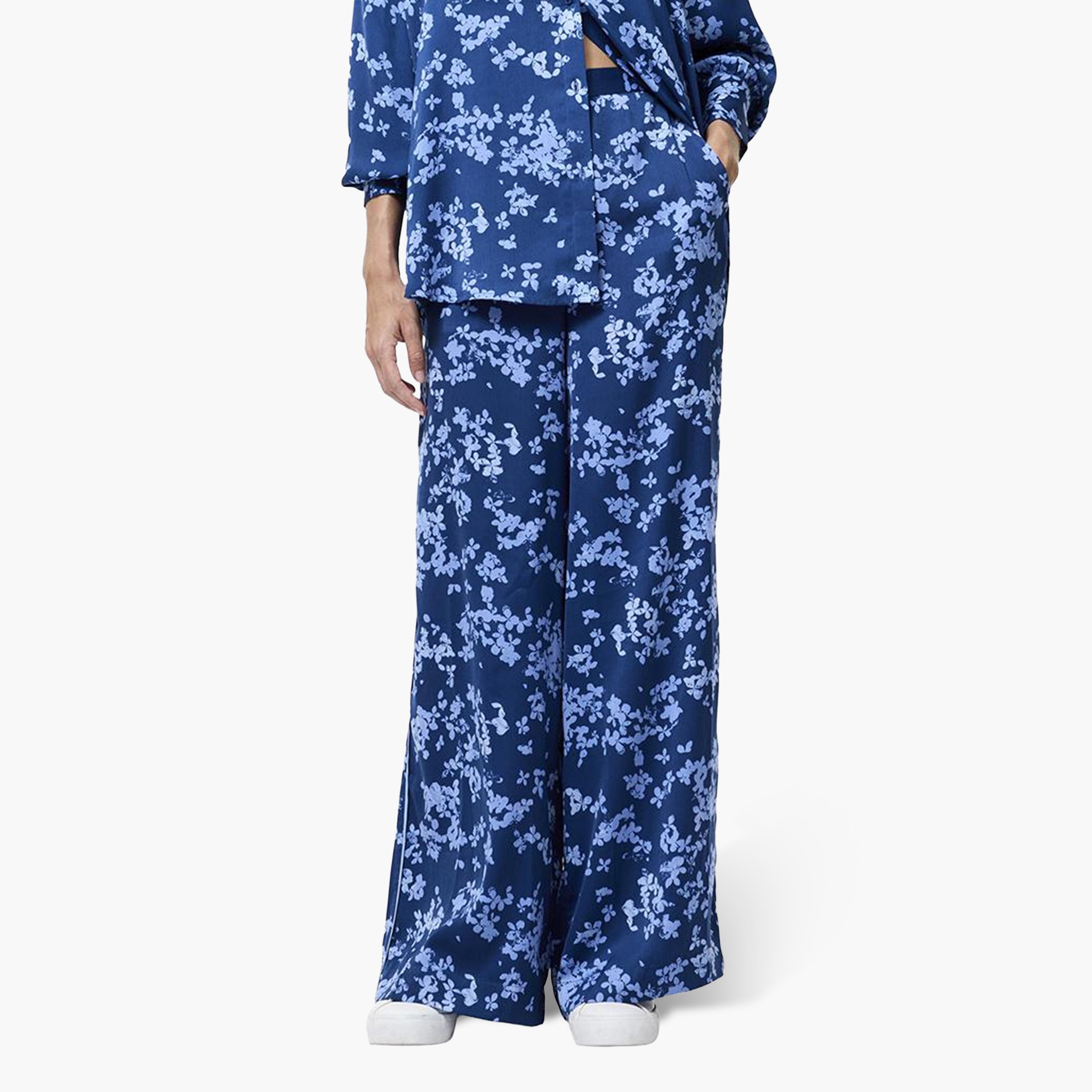 French Connection Blue Floral Print Elasticated Waist Wide Leg Women's Trousers-women-clothing-trousers-image-1