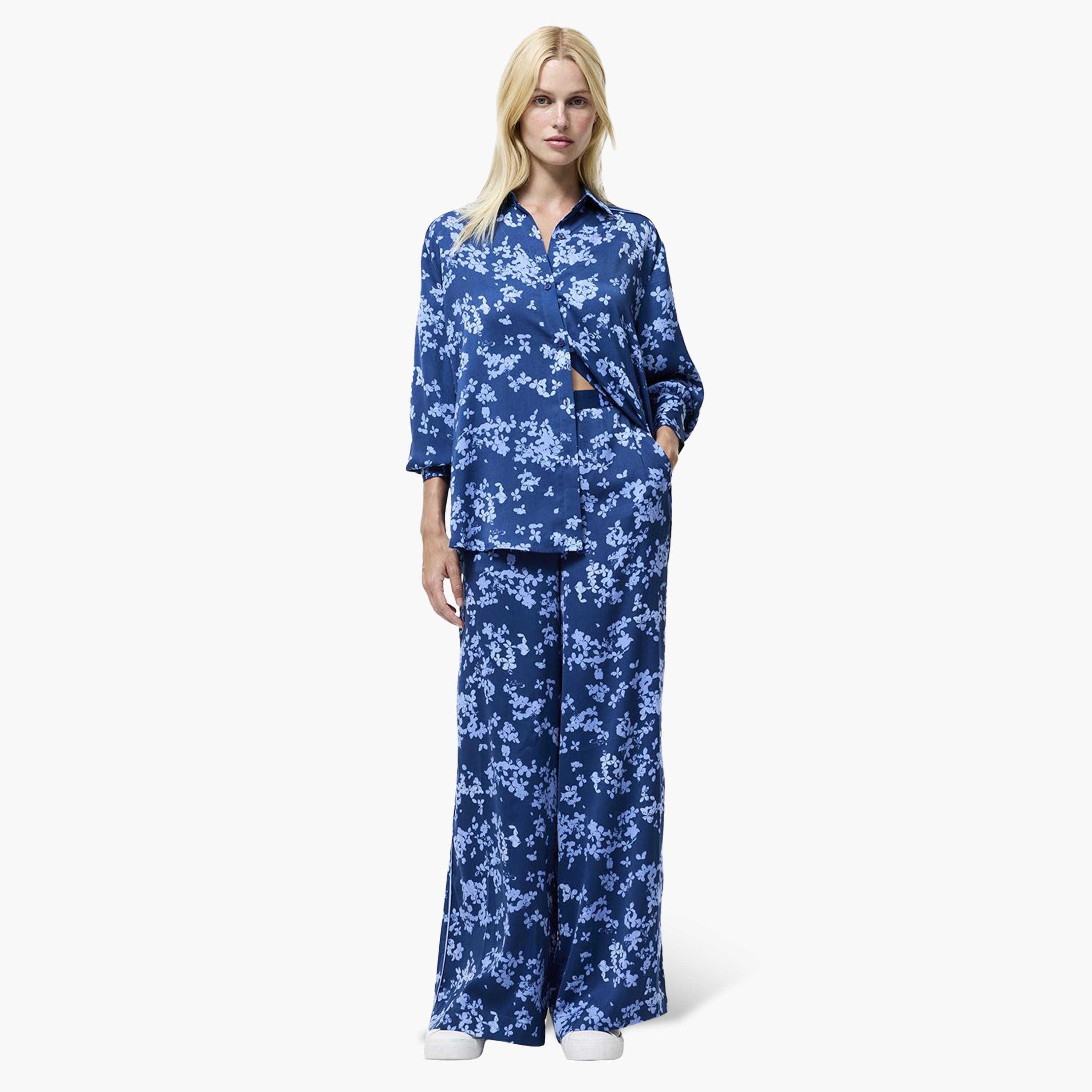 French Connection Blue Floral Print Elasticated Waist Wide Leg Women's Trousers-women-clothing-trousers-image-2