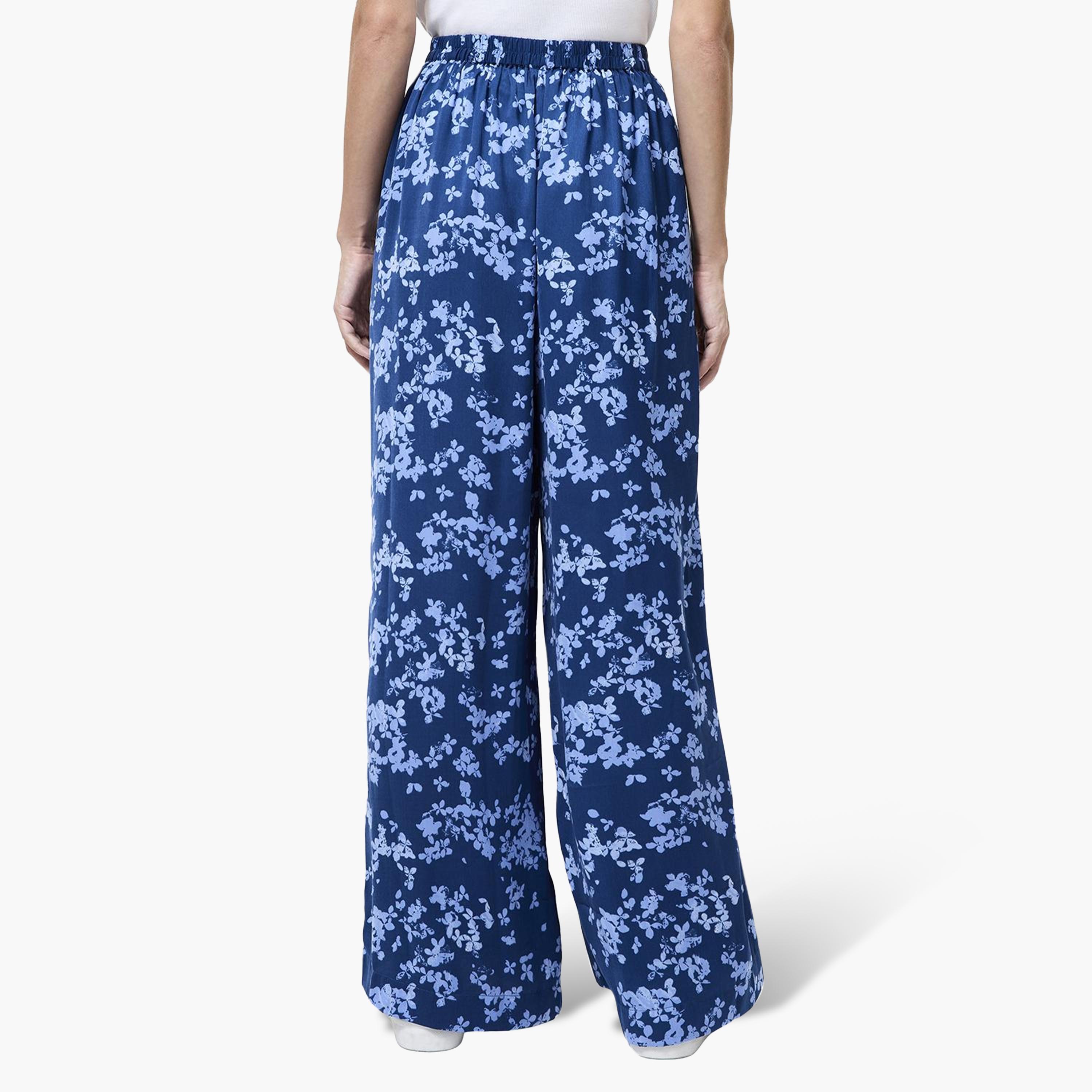 French Connection Blue Floral Print Elasticated Waist Wide Leg Women's Trousers-women-clothing-trousers-image-3