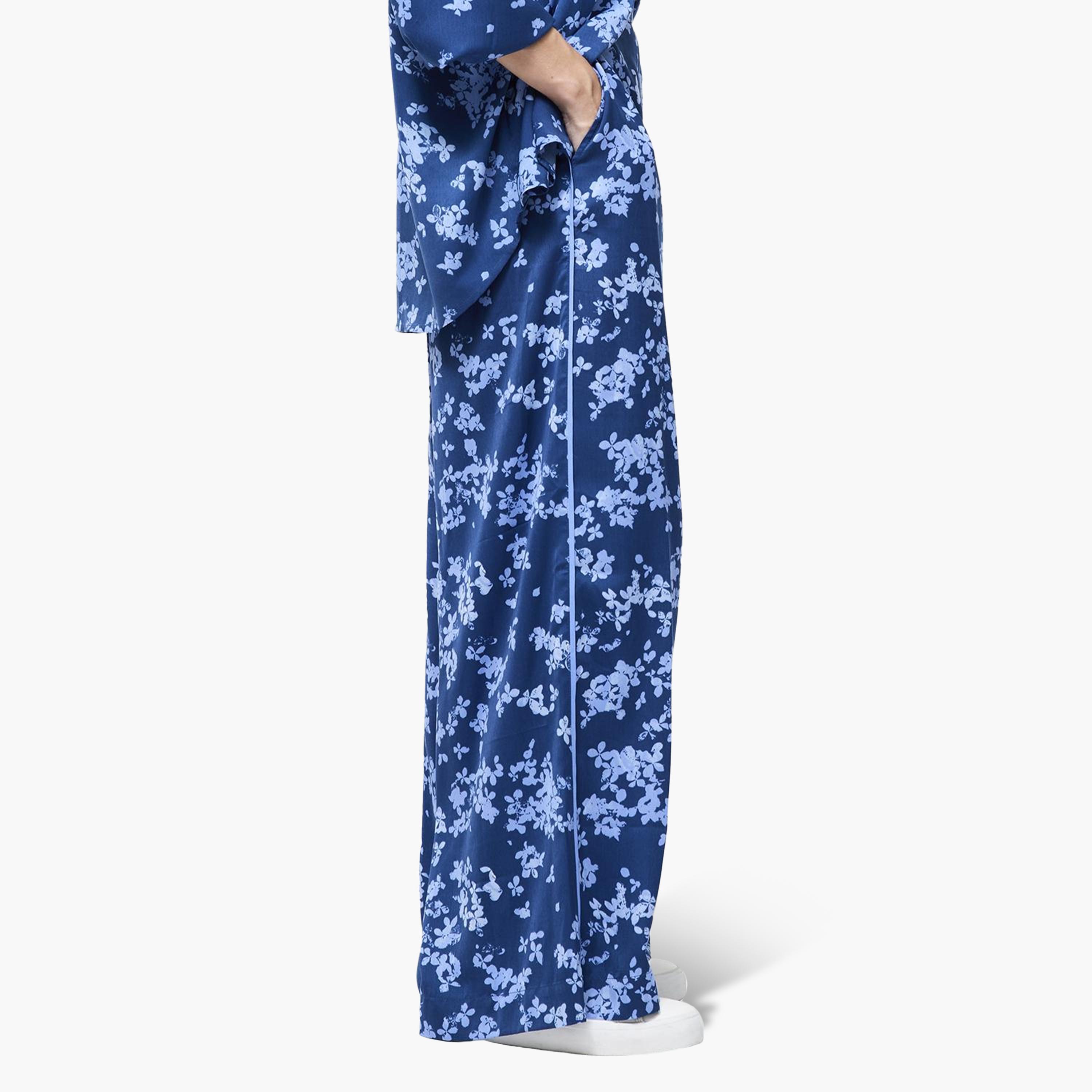 French Connection Blue Floral Print Elasticated Waist Wide Leg Women's Trousers-women-clothing-trousers-image-4