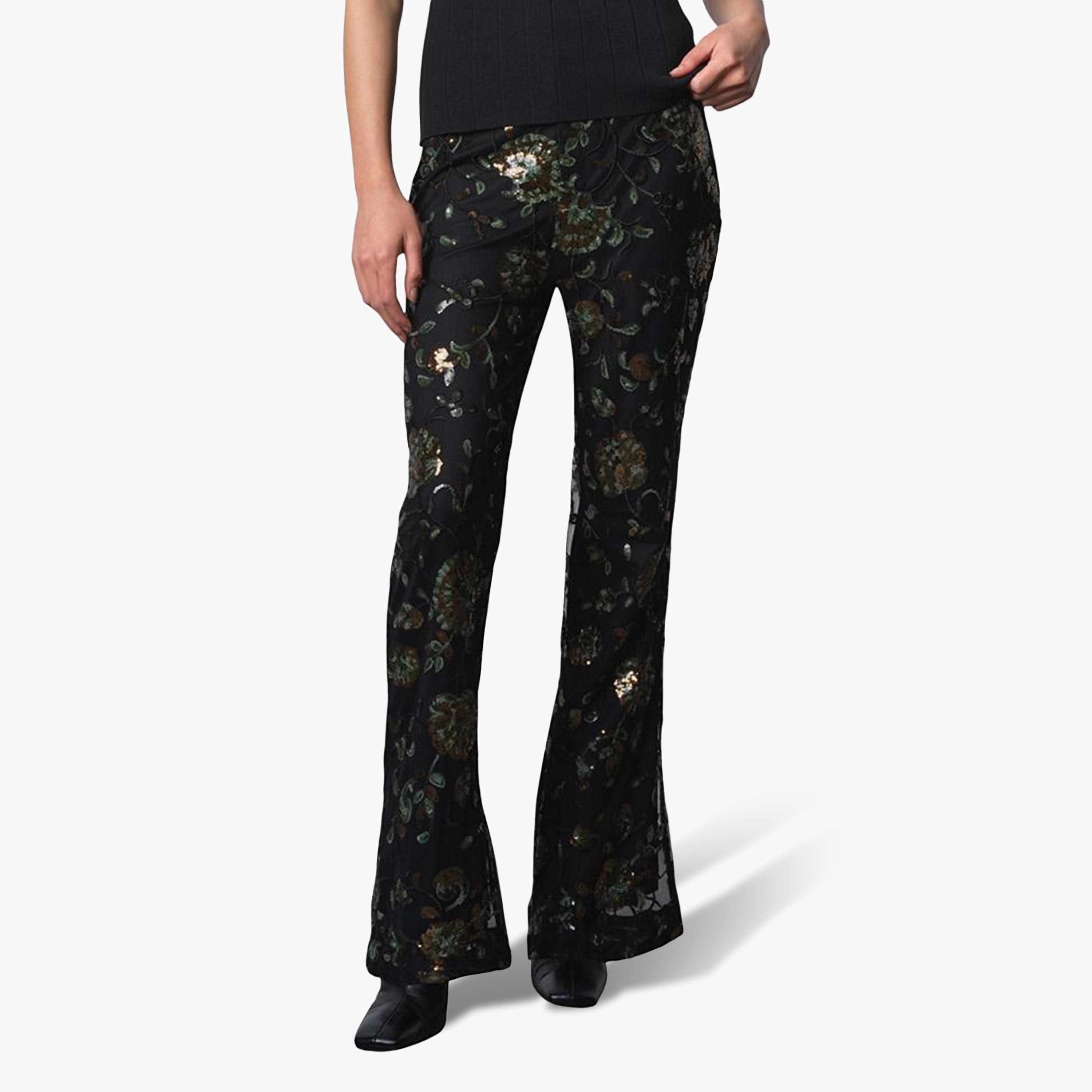 French Connection Black Sequined Elasticated Waist Flared Women's Trousers-women-clothing-trousers-image-1