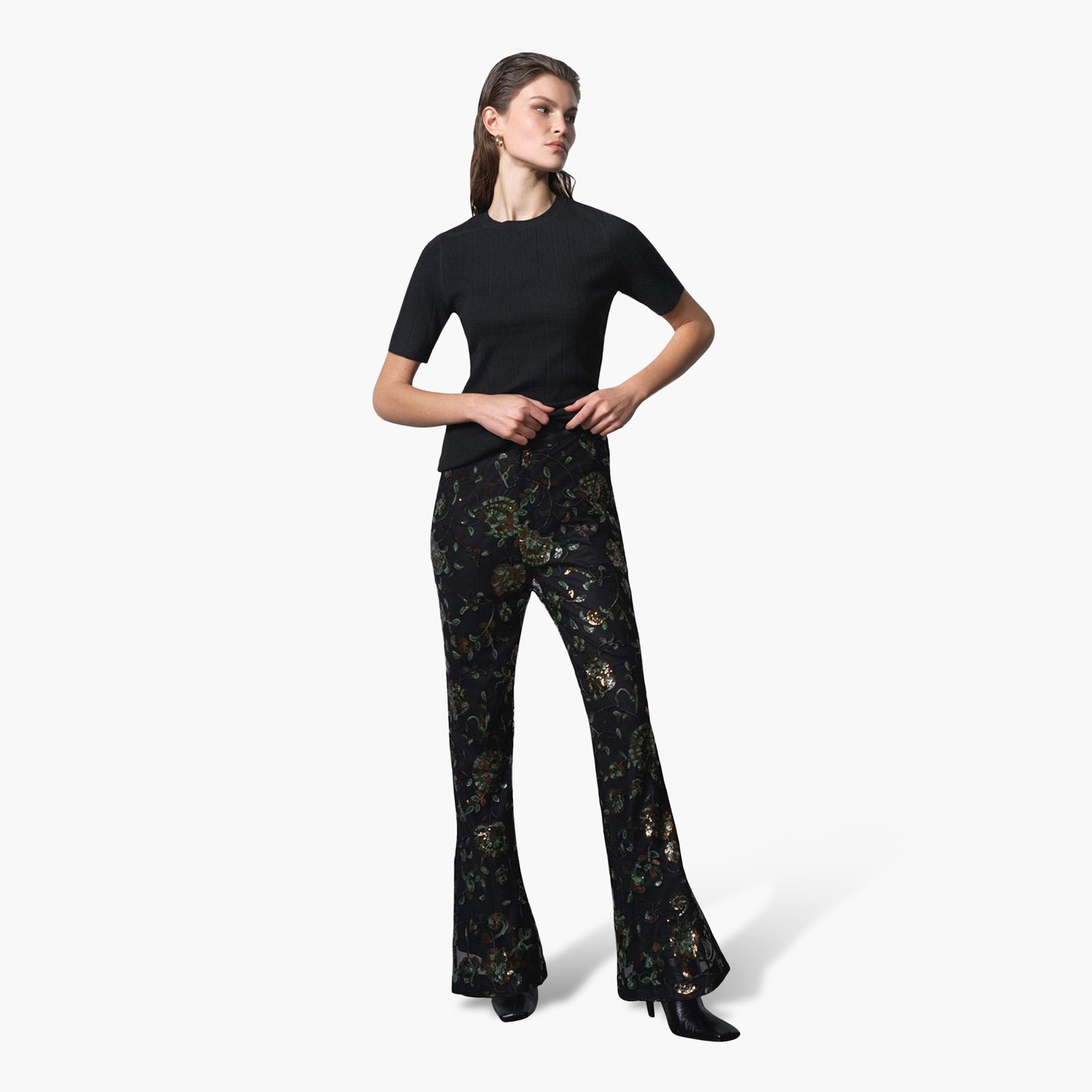 French Connection Black Sequined Elasticated Waist Flared Women's Trousers-women-clothing-trousers-image-2