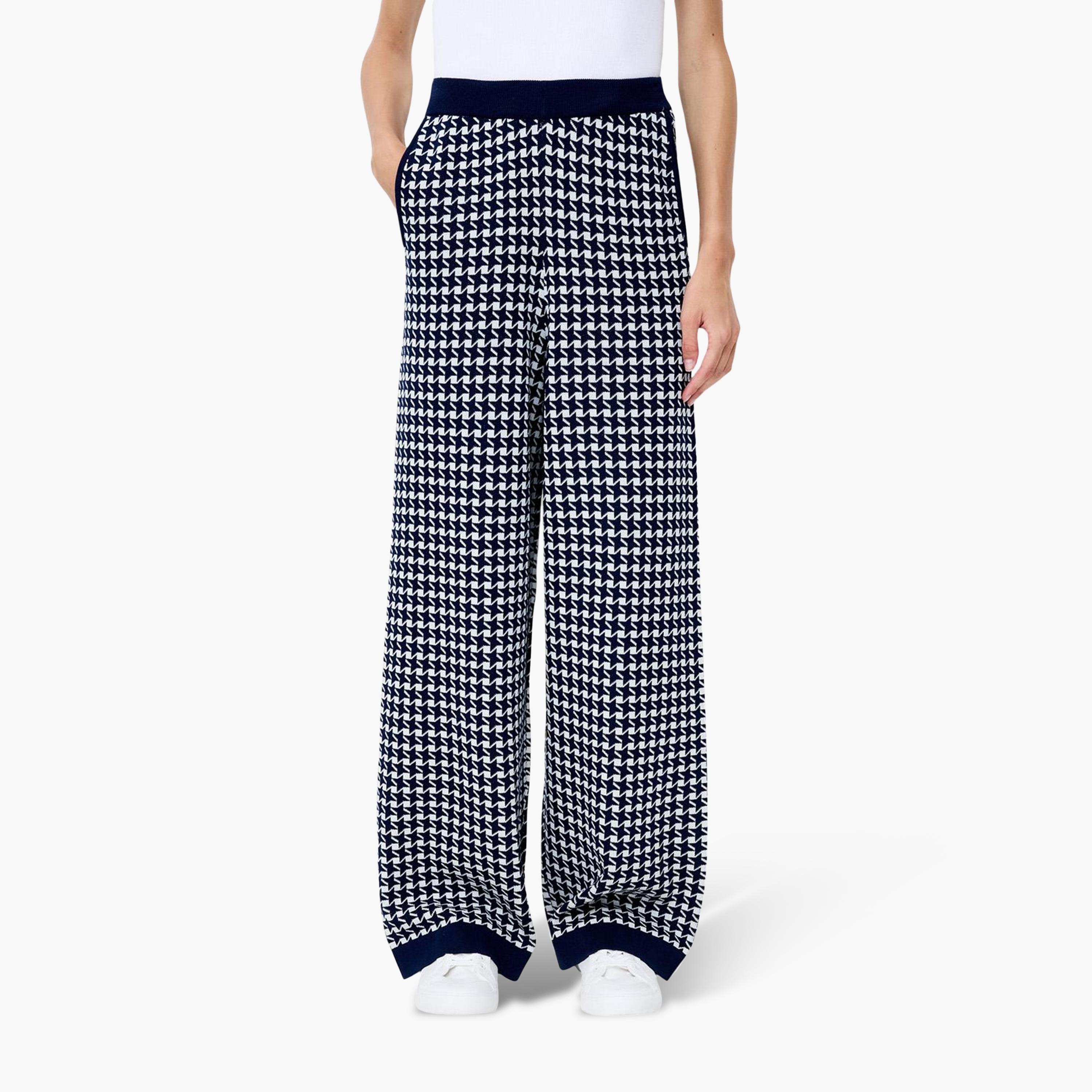 French Connection Blue Houndstooth Print Wide Leg Women's Trousers-women-clothing-trousers-image-1