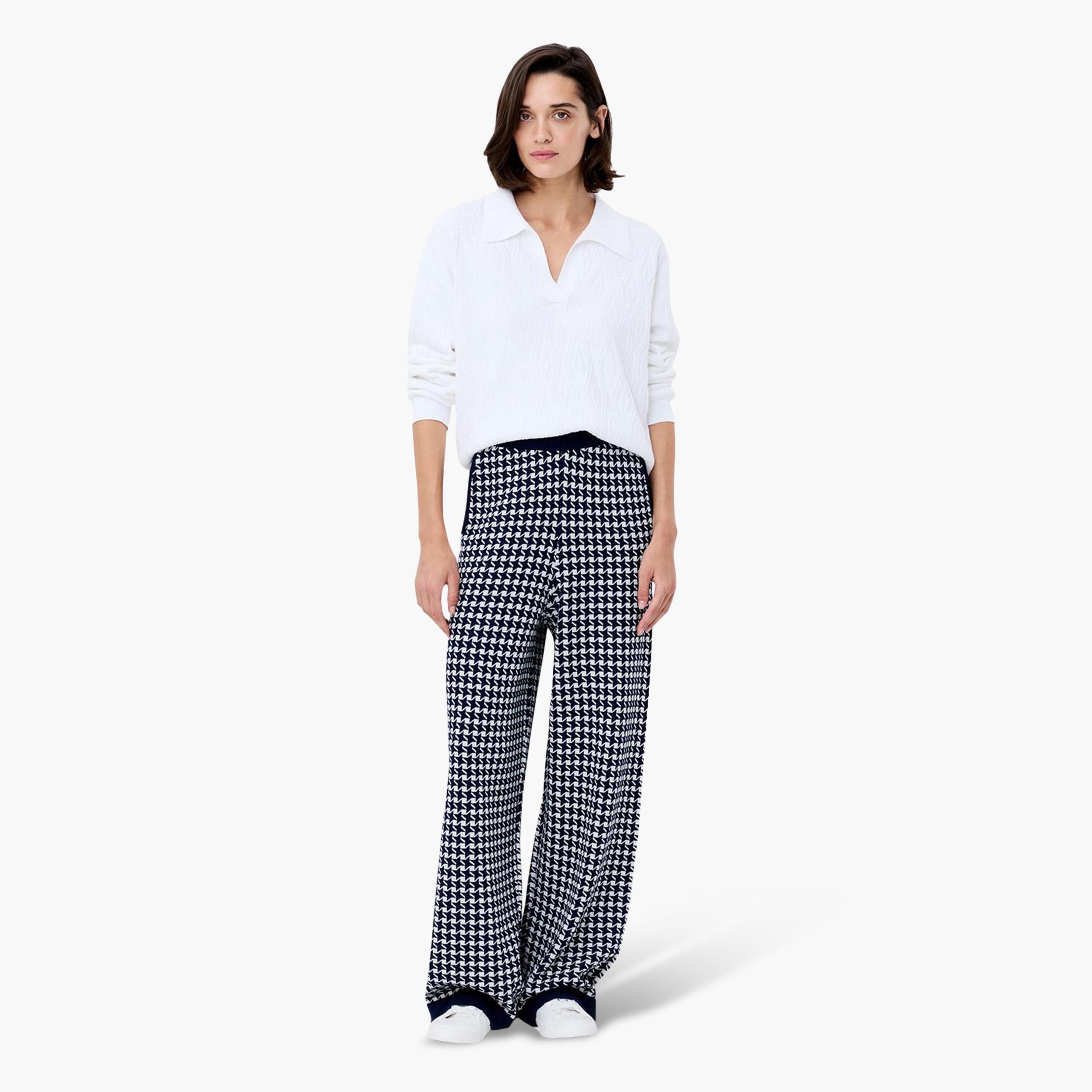 French Connection Blue Houndstooth Print Wide Leg Women's Trousers-women-clothing-trousers-image-2