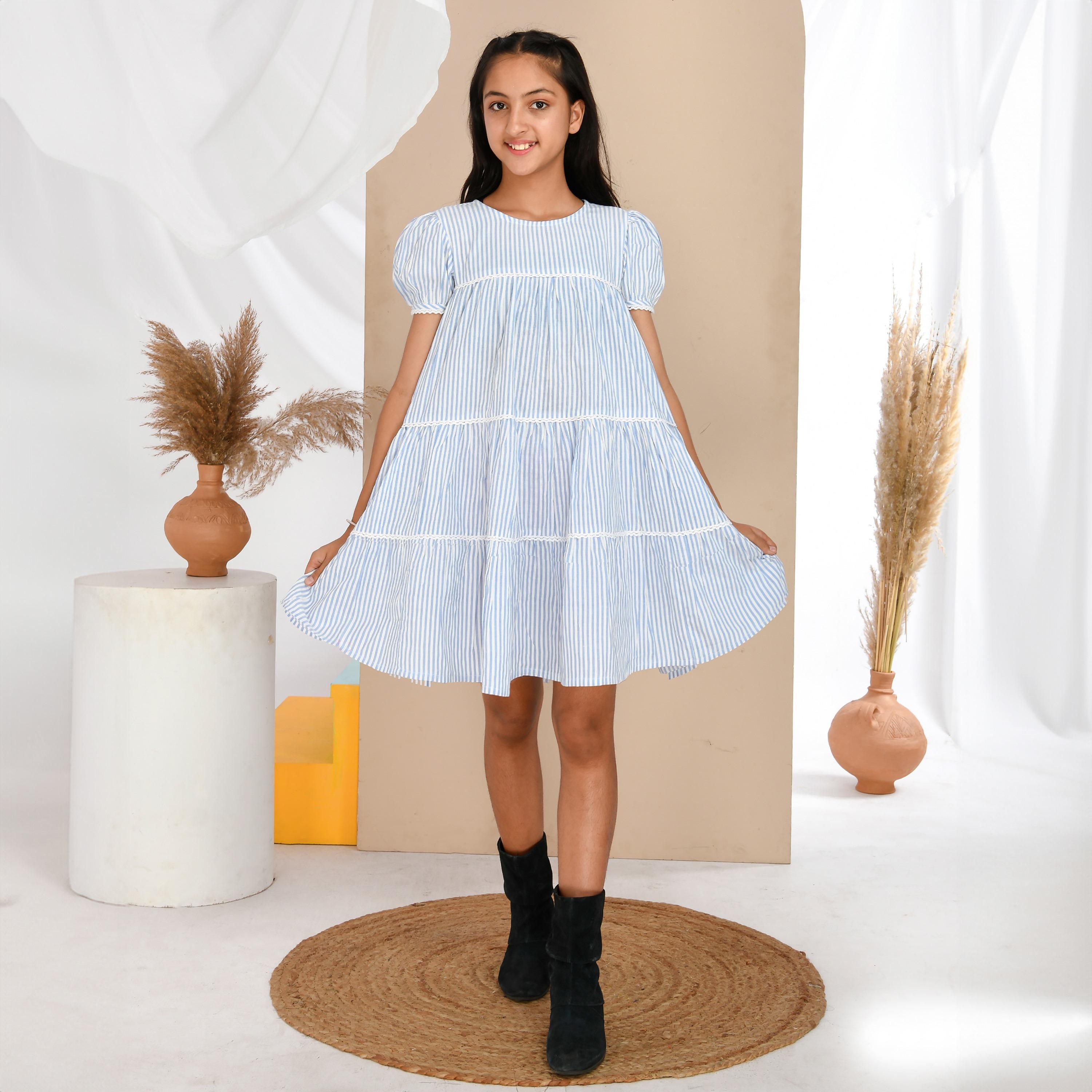 Babyqlo Striped Knee Length Dress with Balloon Sleeve-girls-clothing-dressesandjumpsuits-image-1