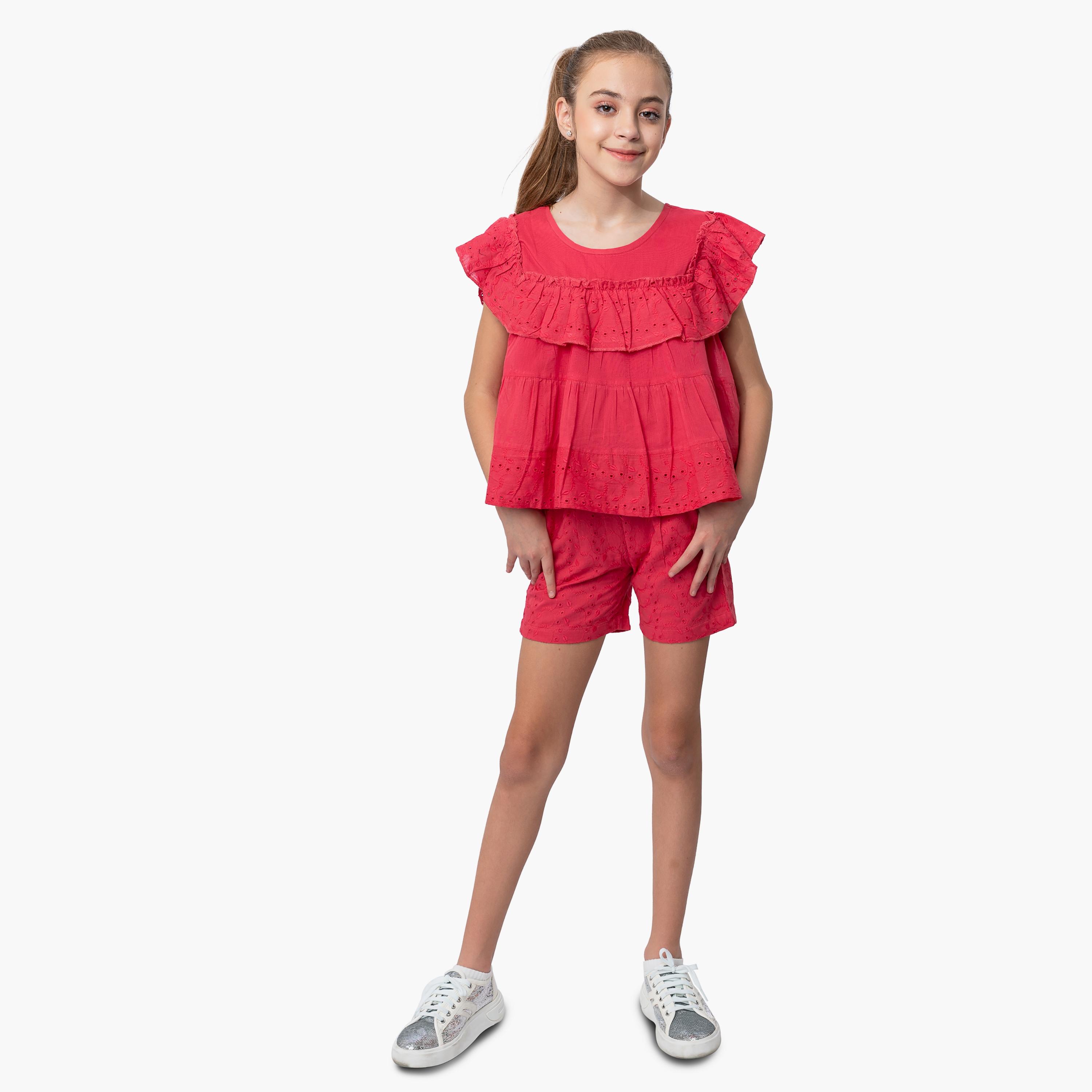 Babyqlo Schiffli Frilled Top with Short Sets-girls-clothing-setsandcoords-image-1