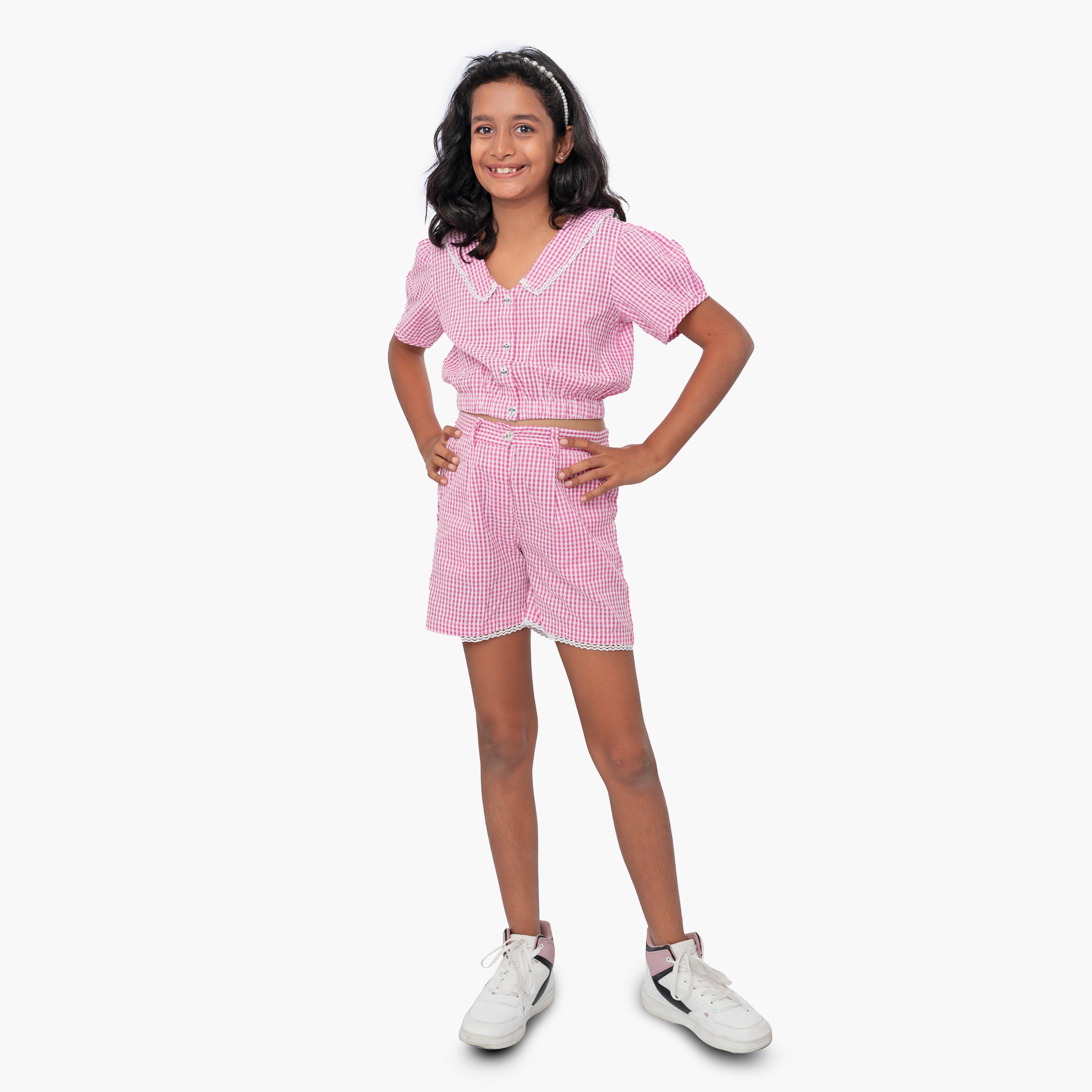 Babyqlo Seersucker Crop Top with Checked Short Set-girls-clothing-setsandcoords-image-1