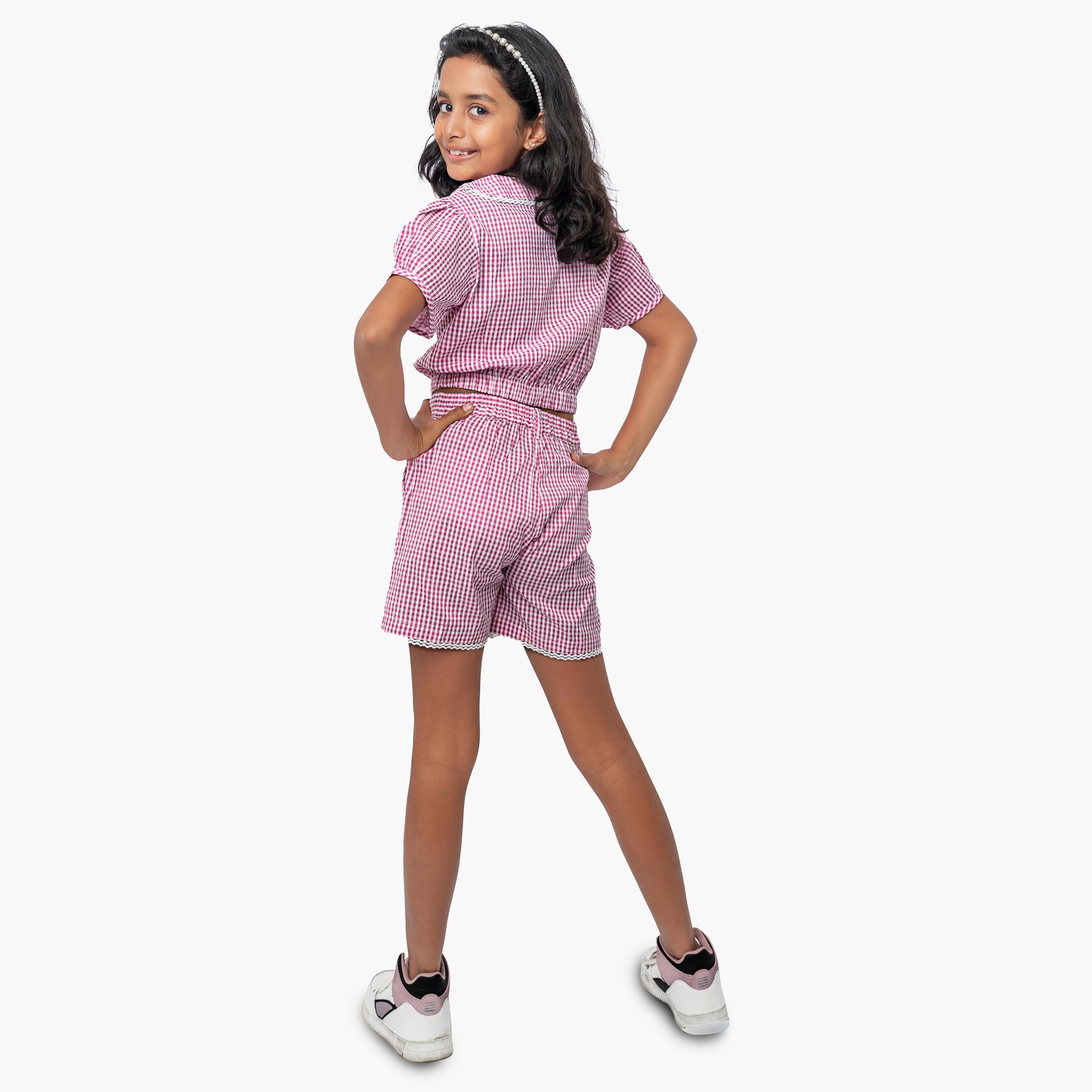 Babyqlo Seersucker Crop Top with Checked Short Set-girls-clothing-setsandcoords-image-2
