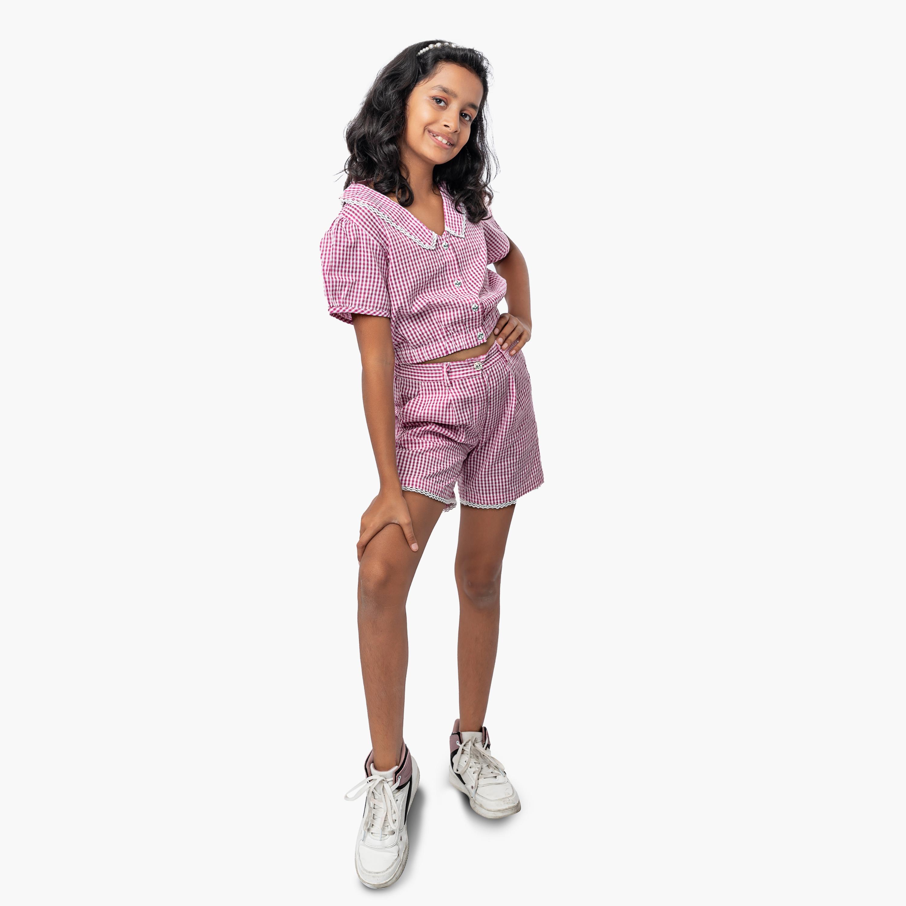 Babyqlo Seersucker Crop Top with Checked Short Set-girls-clothing-setsandcoords-image-3