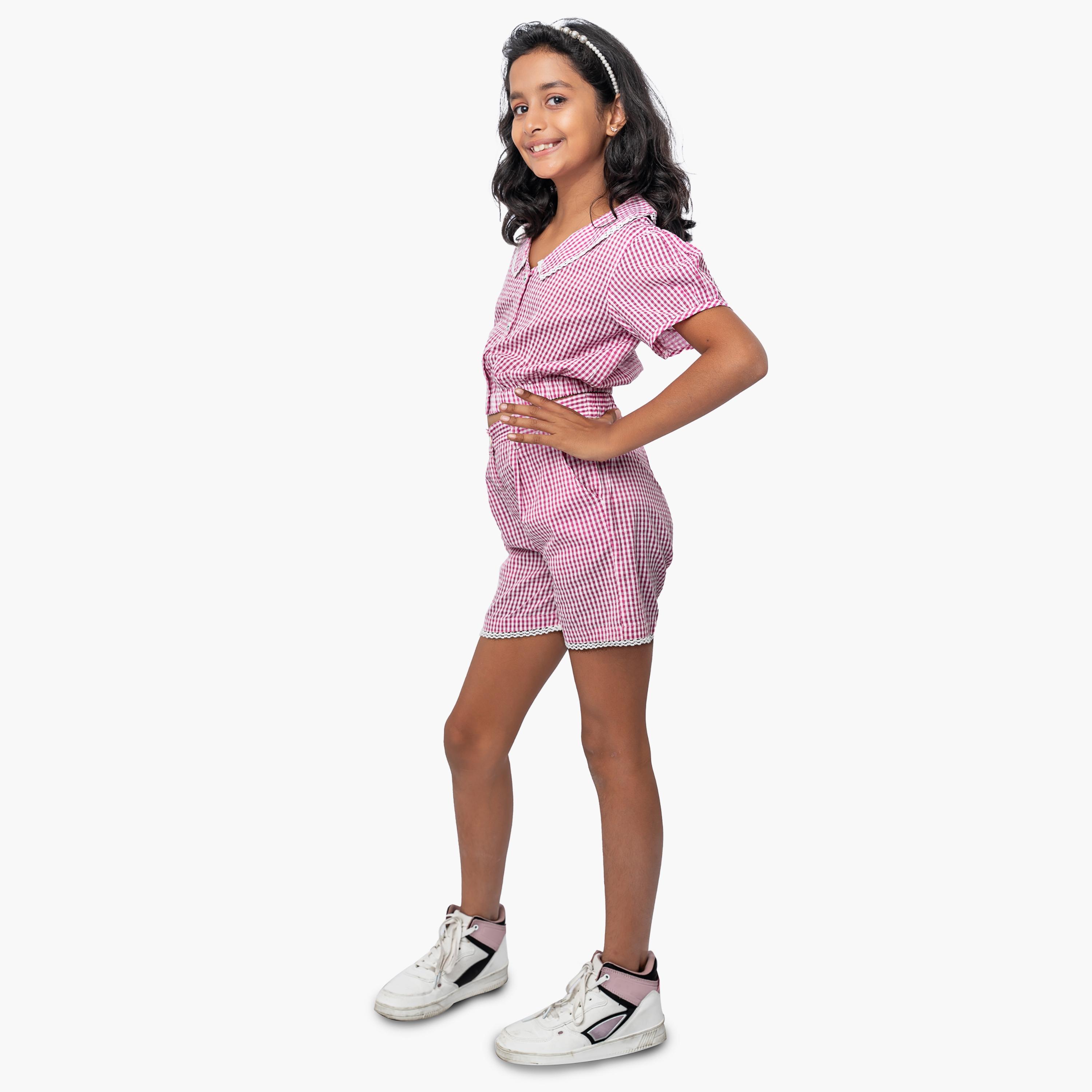 Babyqlo Seersucker Crop Top with Checked Short Set-girls-clothing-setsandcoords-image-4