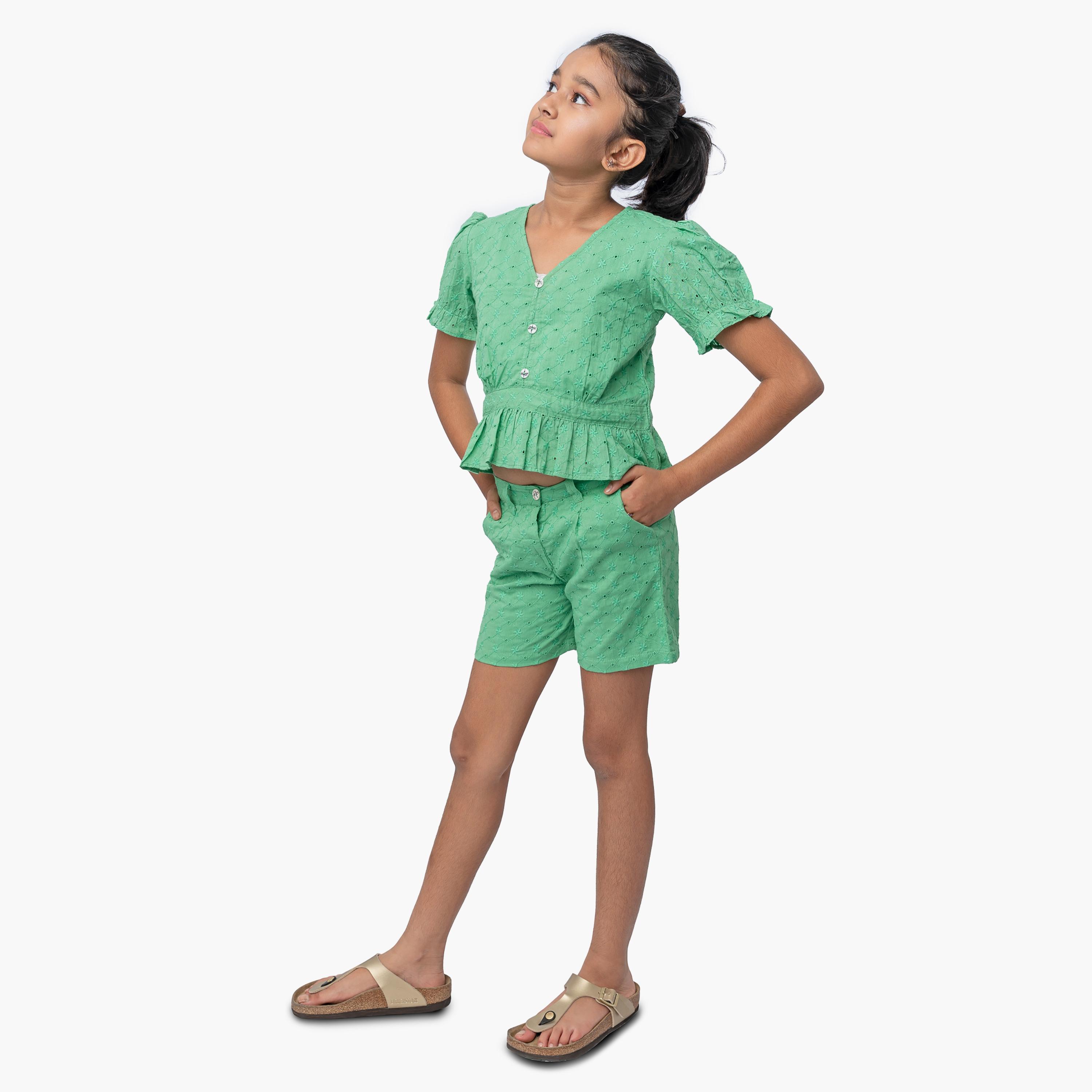 Babyqlo Green Schiffli Crop Top with Short Sets-girls-clothing-setsandcoords-image-1