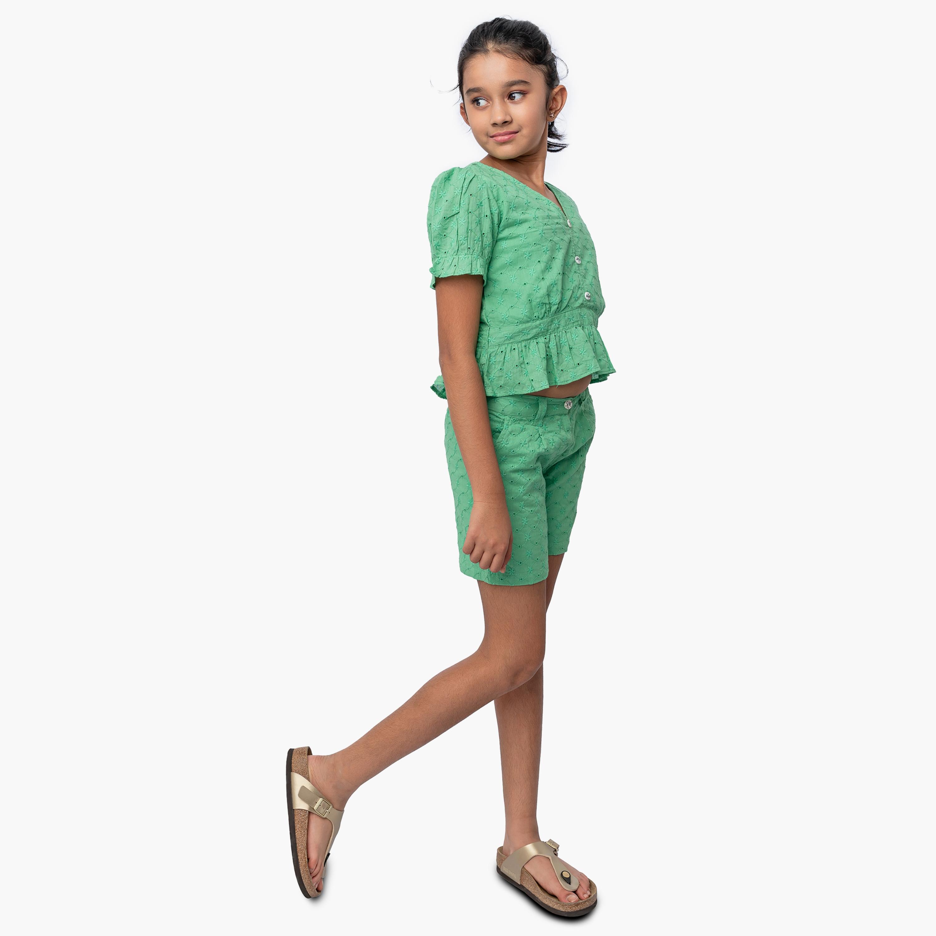 Babyqlo Green Schiffli Crop Top with Short Sets-girls-clothing-setsandcoords-image-2