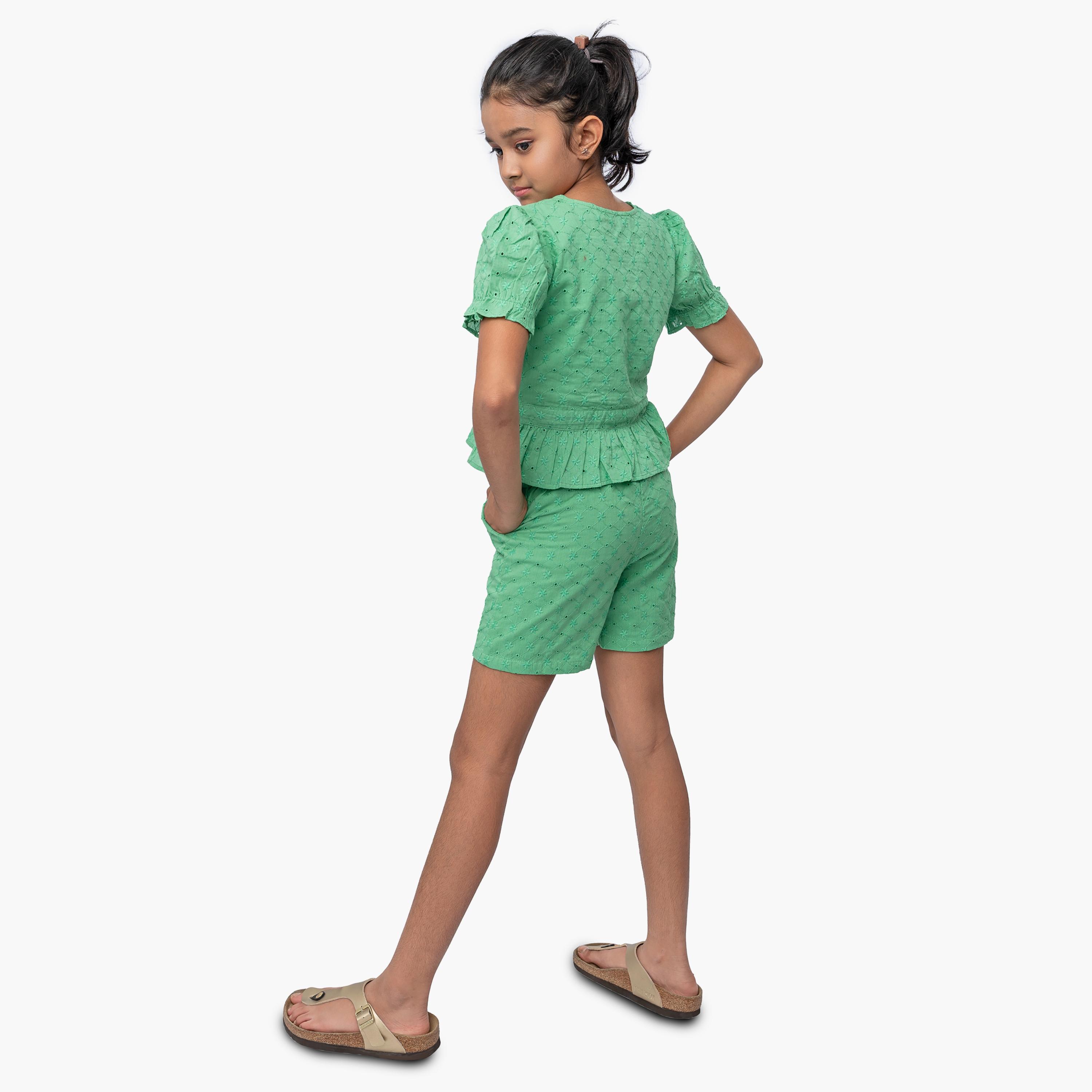 Babyqlo Green Schiffli Crop Top with Short Sets-girls-clothing-setsandcoords-image-3