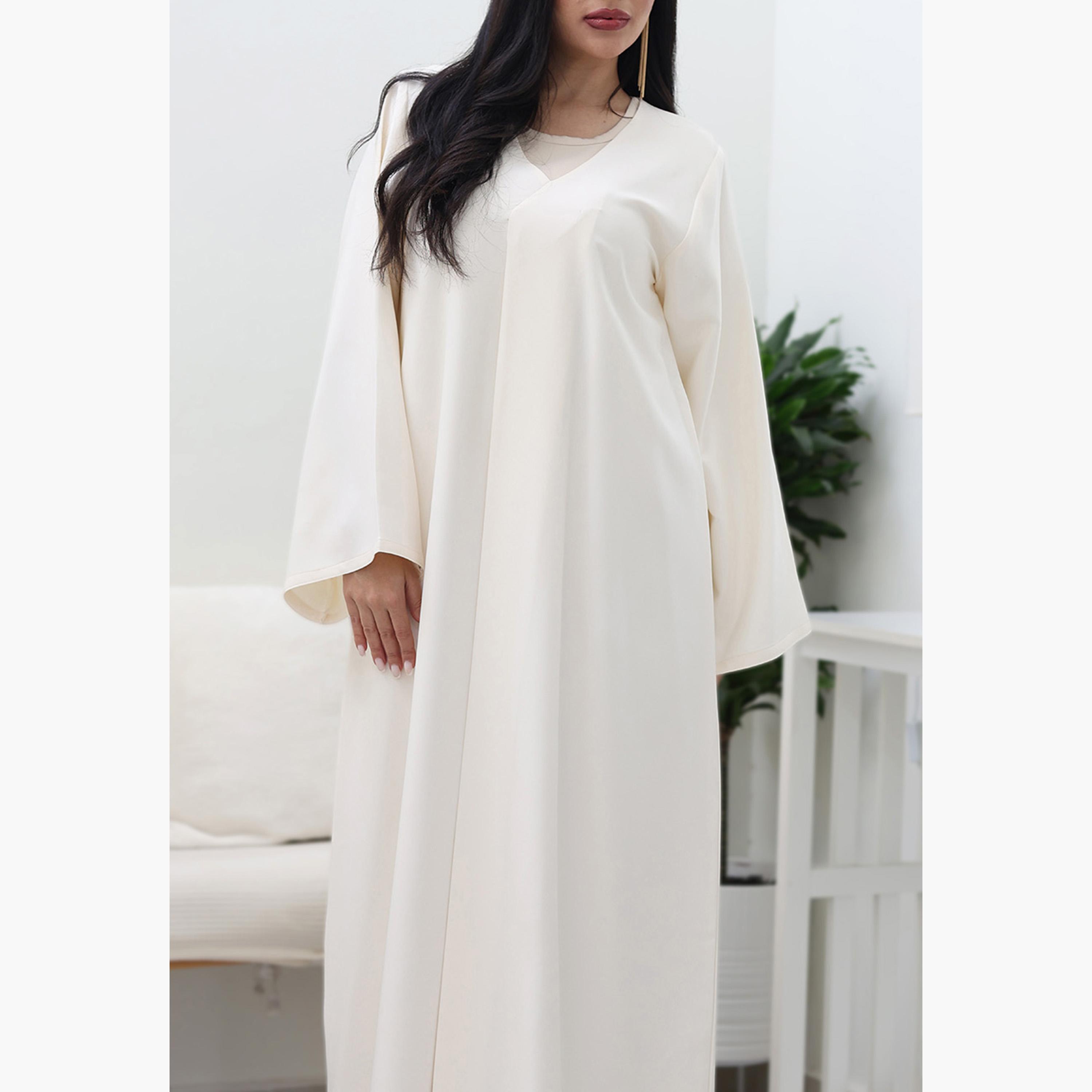 Nukhbaa Cream Flared Sleeves Nida Women's Abaya-women-arabicclothing-abayas-image-3