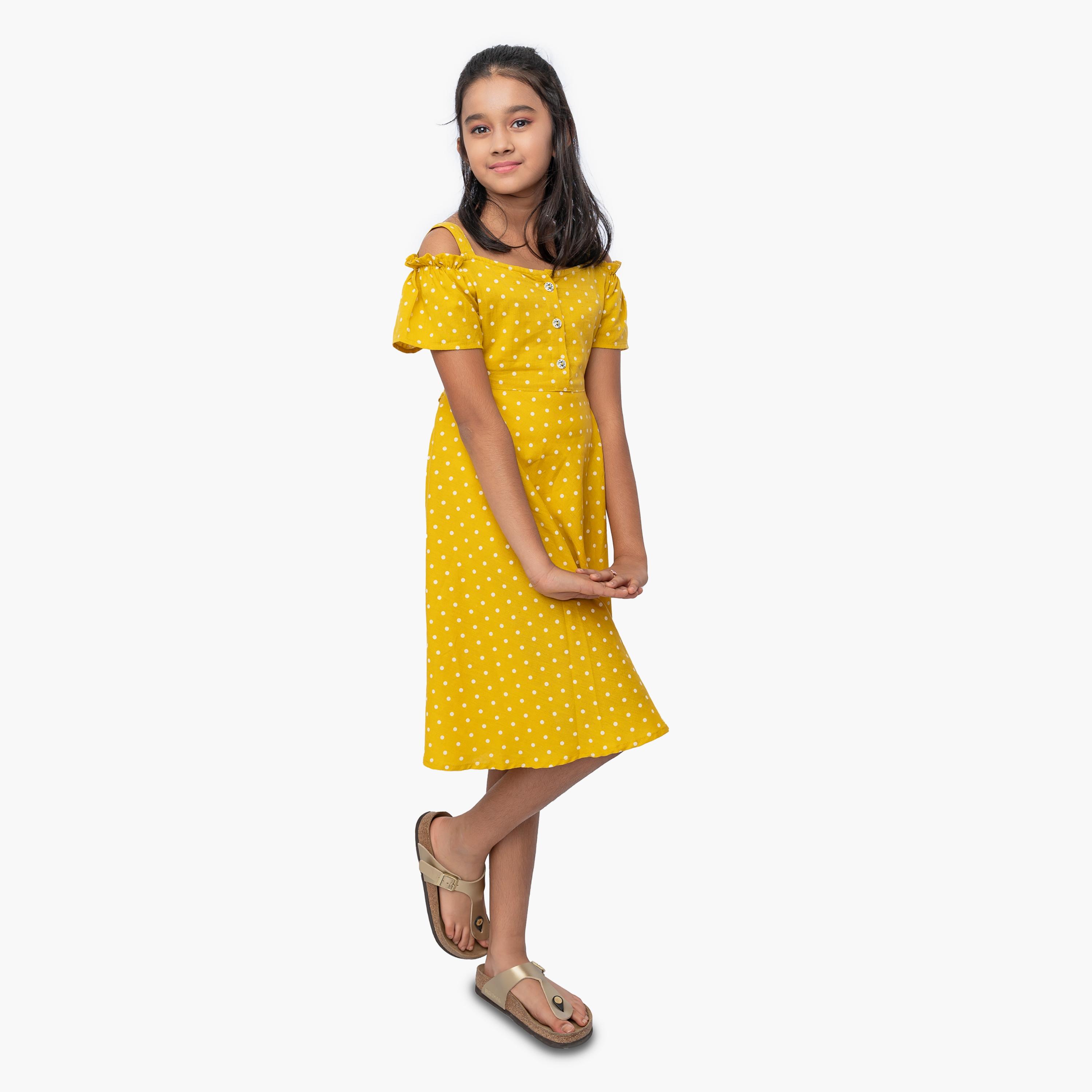 Babyqlo Cold Shoulder Polka Dots Knee Length Dress-girls-clothing-dressesandjumpsuits-image-1