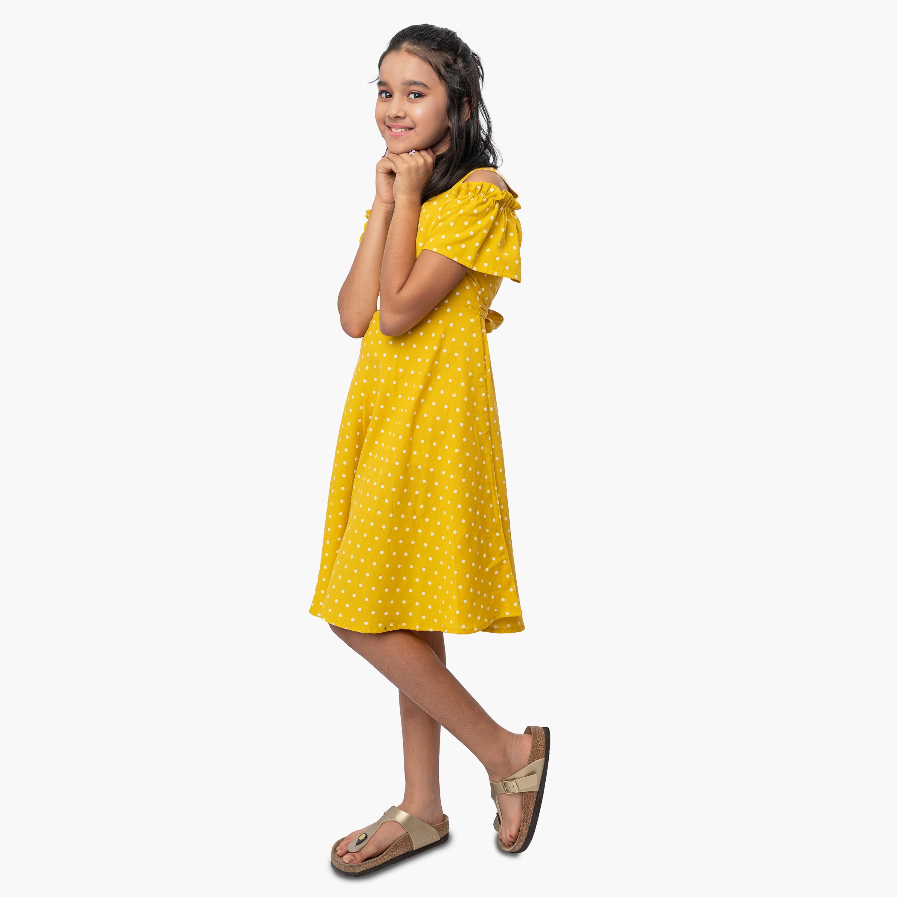 Babyqlo Cold Shoulder Polka Dots Knee Length Dress-girls-clothing-dressesandjumpsuits-image-2