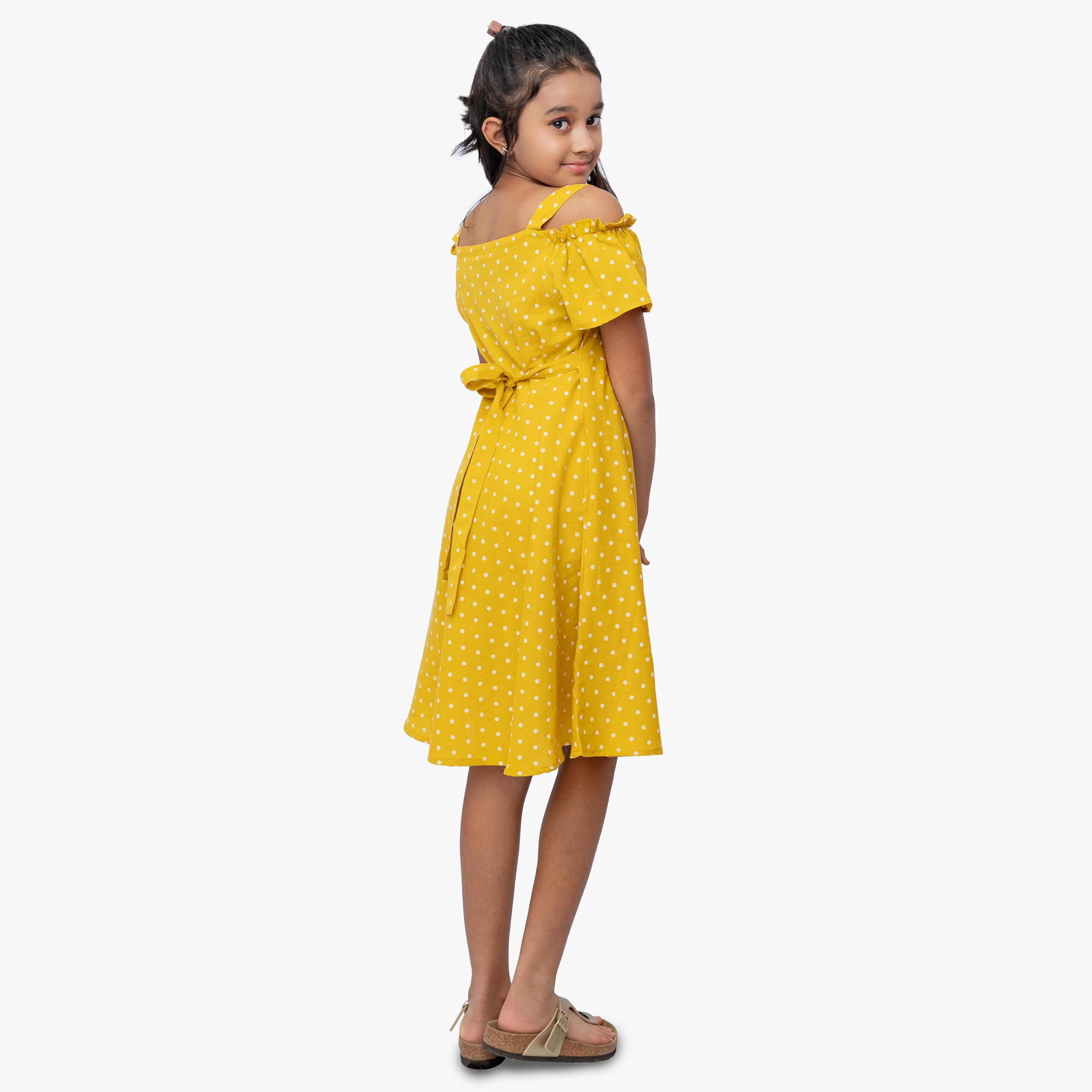 Babyqlo Cold Shoulder Polka Dots Knee Length Dress-girls-clothing-dressesandjumpsuits-image-3