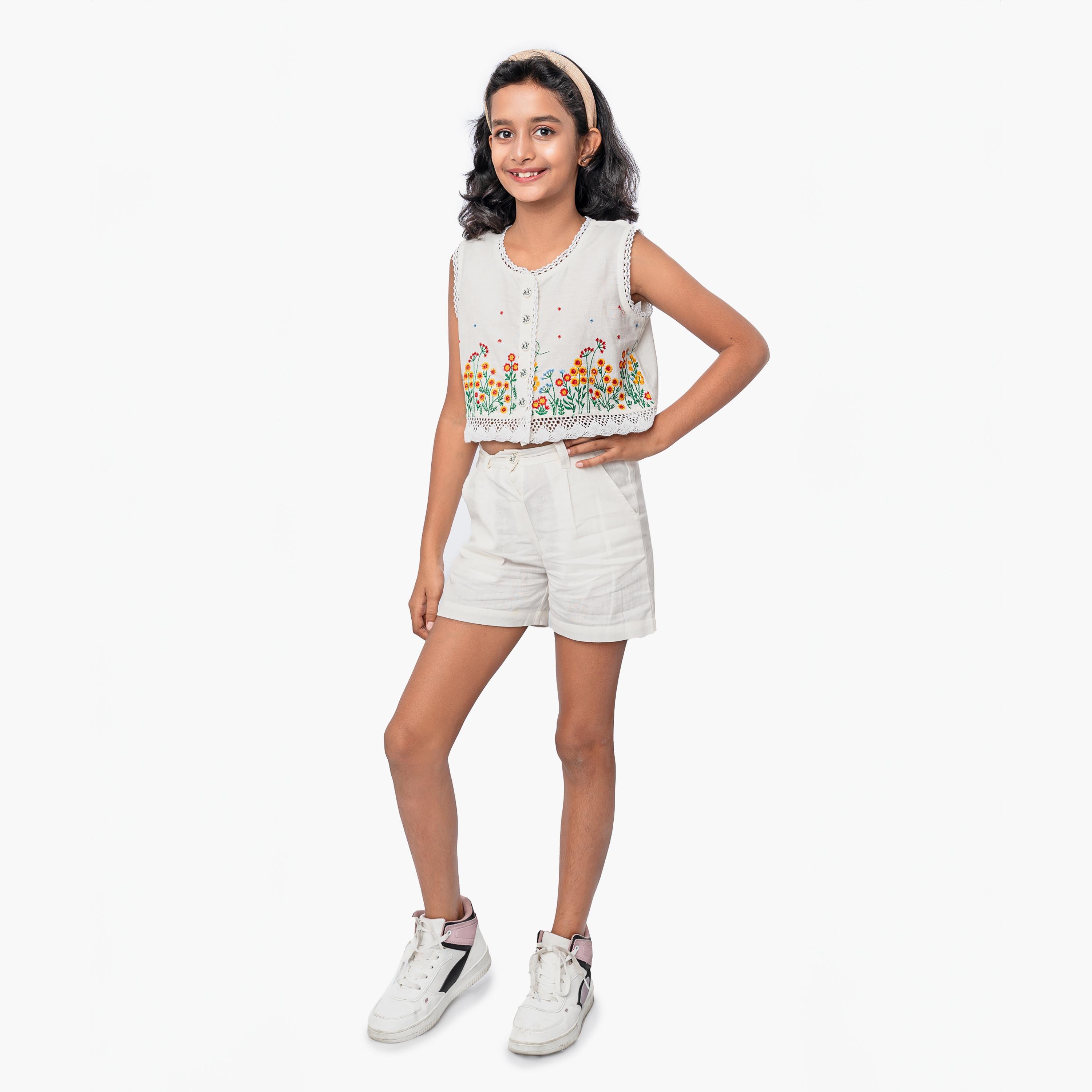 Babyqlo Crop Top with Flower Embroidery and Short Set-girls-clothing-setsandcoords-image-1