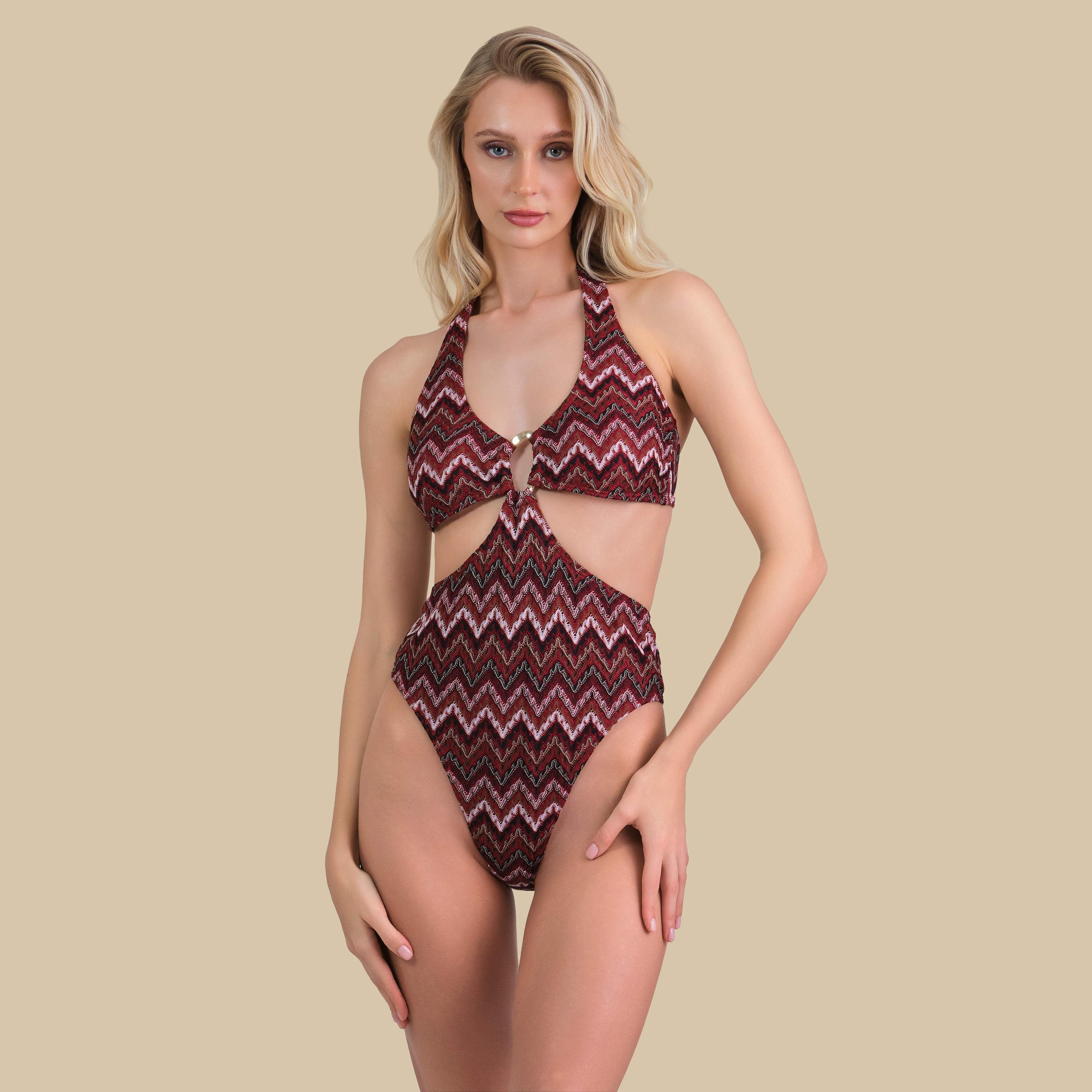 بدلة سباحة نسائية قطعة واحدة بنقشة متعرجة حمراء من إيسلا اند إيفي-women-clothing-swimandbeach-swimsuits-image-1